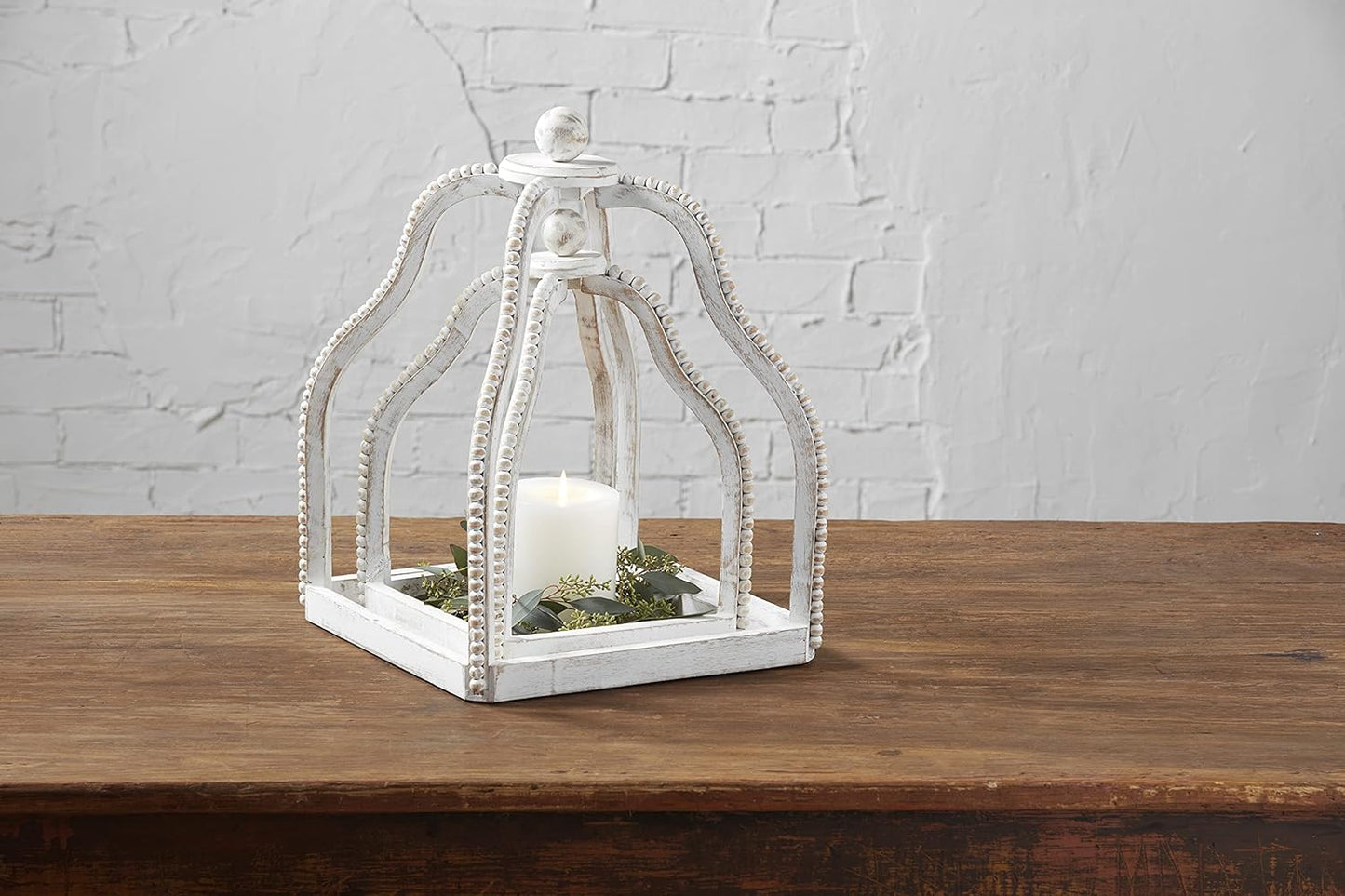 Wood Beaded Lantern Set, Distressed White WASH
