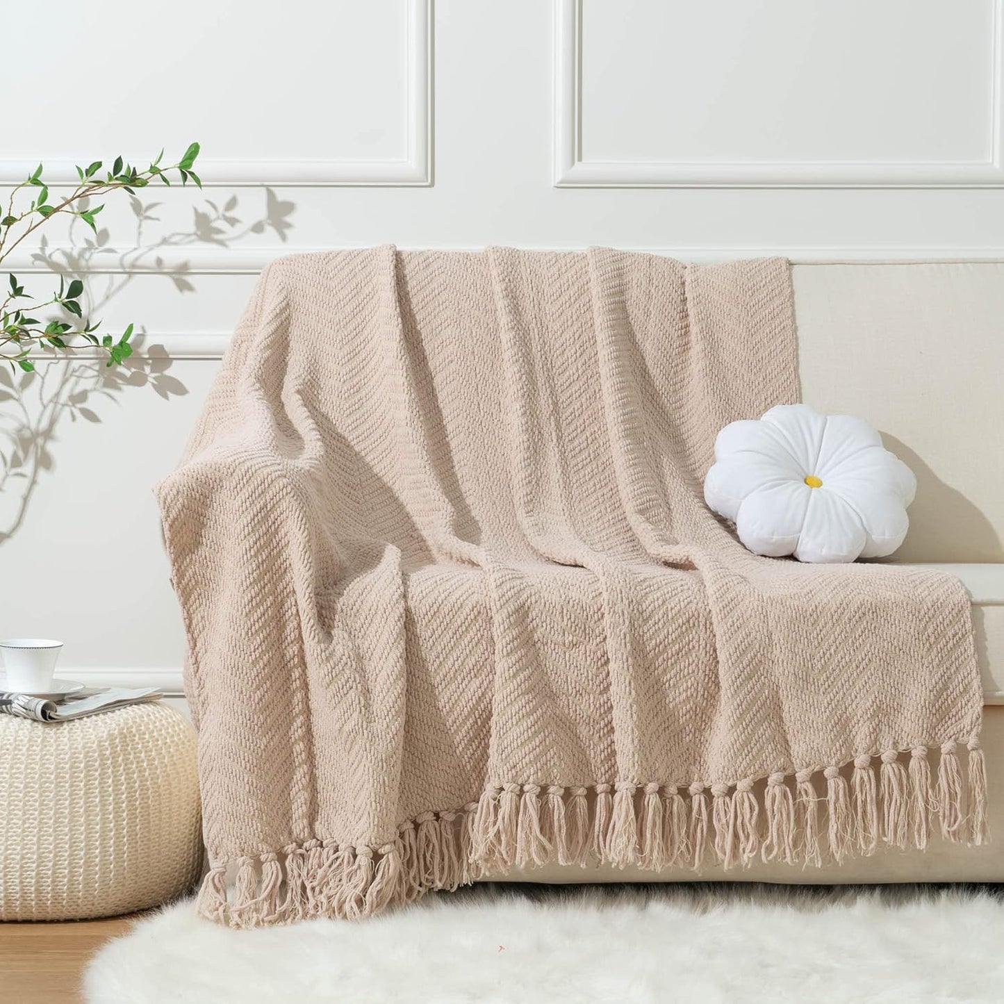 Beige Throw Blanket for Couch, Knitted Beige Blanket for Bed, Neutral Throw Blanket Tan Throw Blanket for Room Decor Housewarming Gifts, 50" X 60"