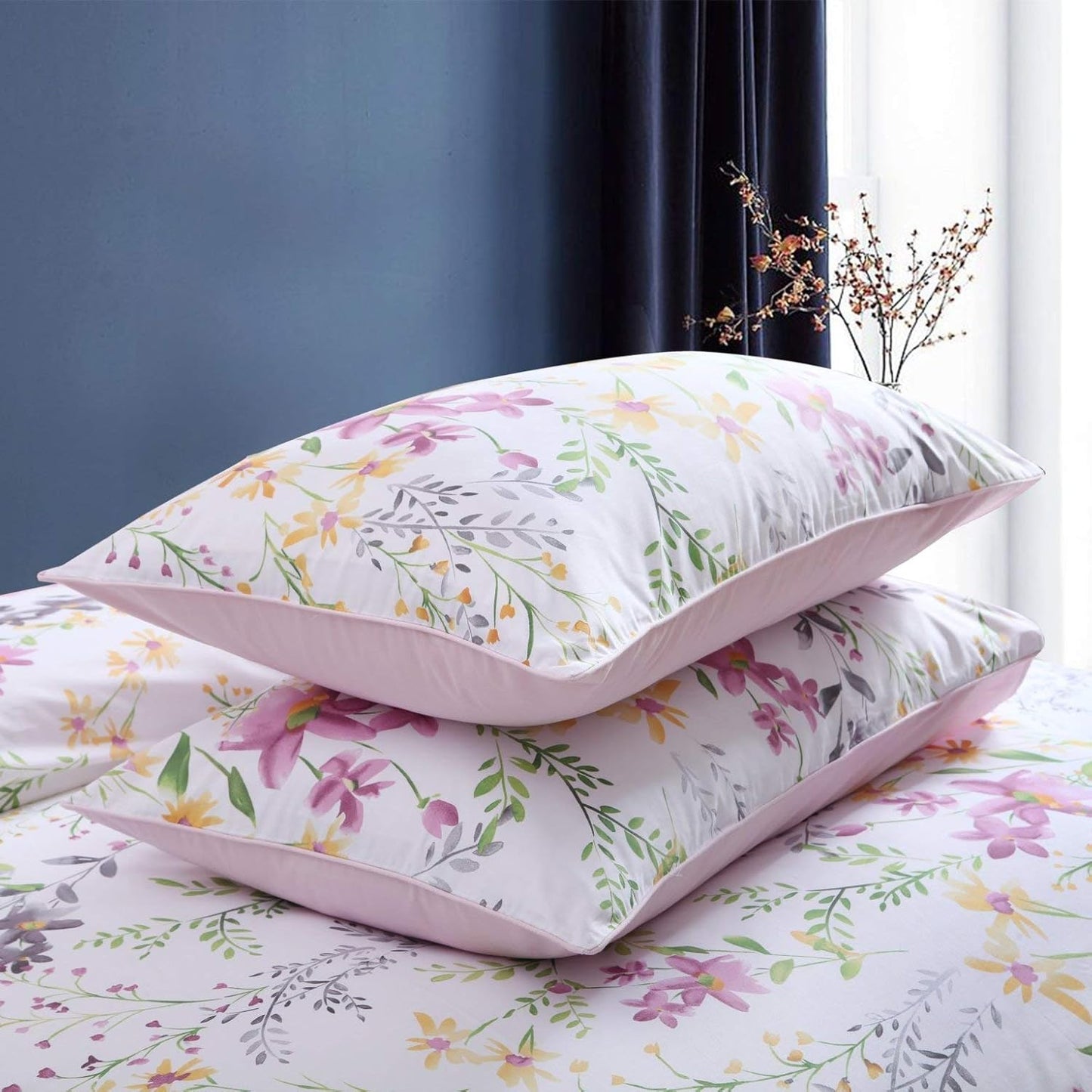 Garden Style Floral Queen Size, Pink Gray Green Branches Flower Leaf Print Bedding Set Reversible Purple Bedding Collection 1 Duvet Cover with 2 Pillowcases