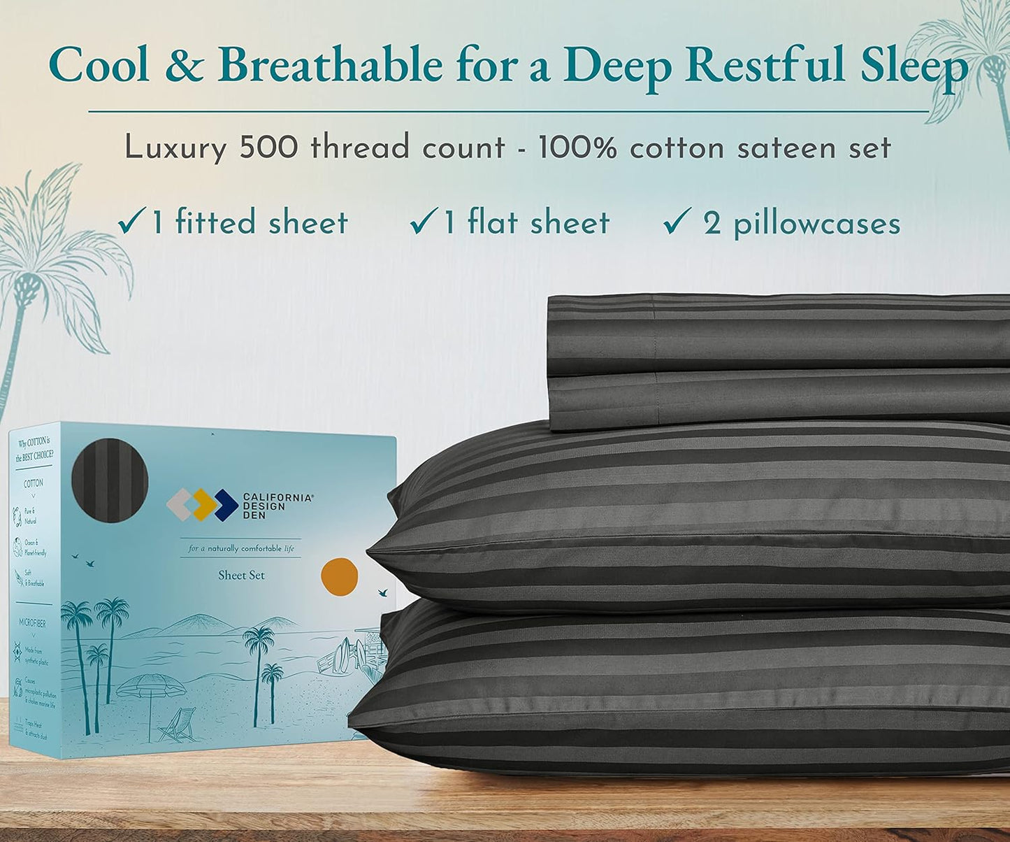- Cotton Sheets for King Size Bed Soft 100% Cotton Cooling Sheets Deep Pockets Snug Fit Elastic, 500 Thread Count, 4-Pc, Hotel Quality, Damask Stripe Bedsheet Set (Grey)