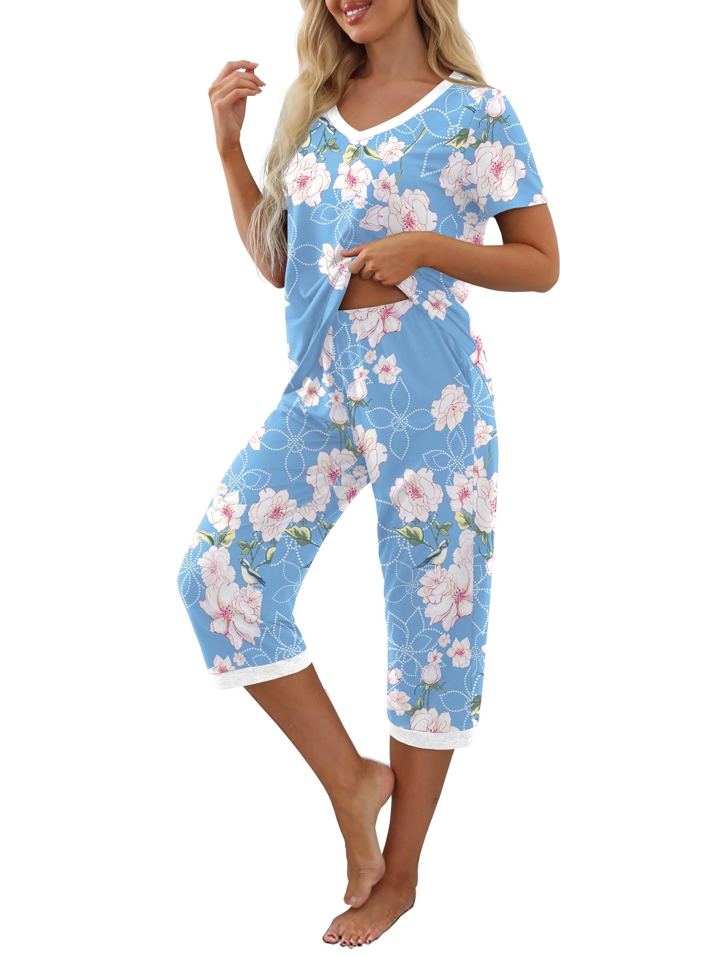 Women'S Pajama Sets Short Sleeve Shirt and Capri Soft Pajama Sets with Pockets