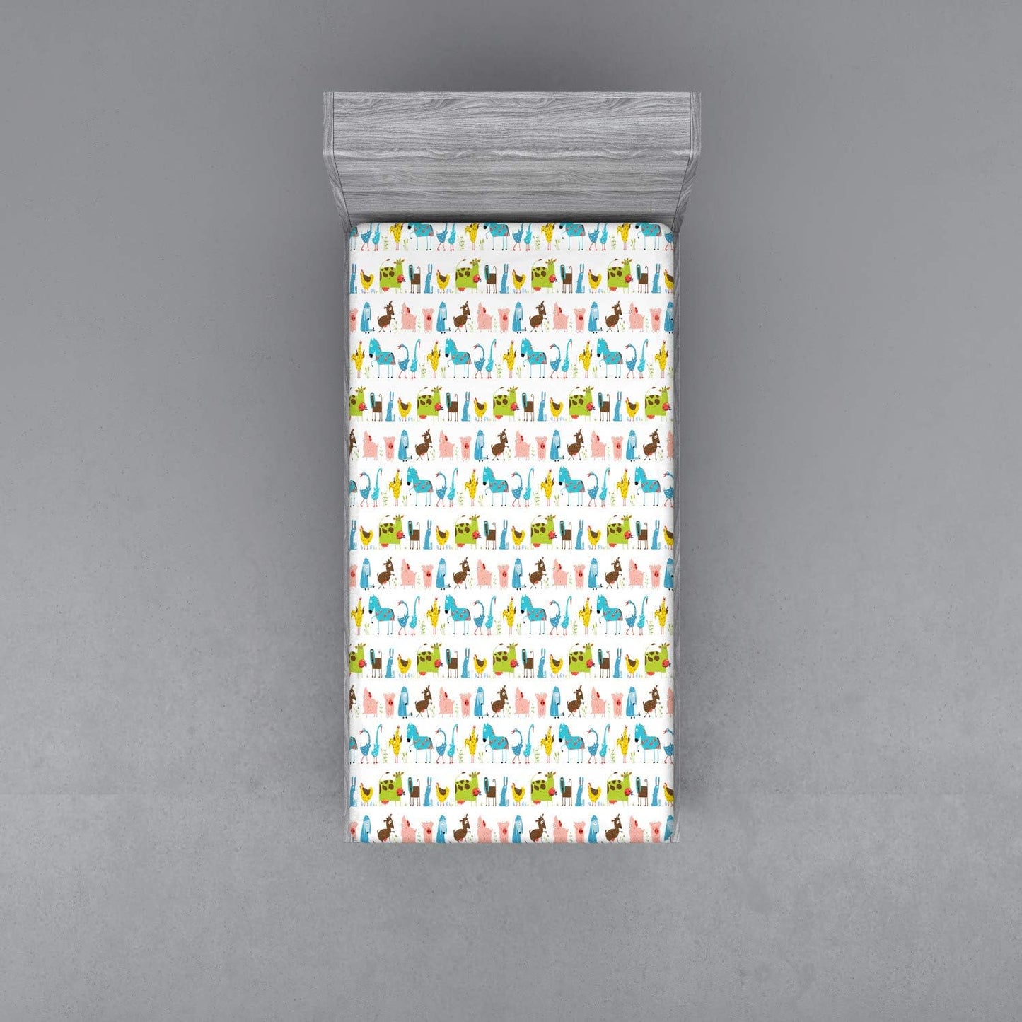 Animal Fitted Sheet, Domestic Farm Animals Horse Pig Cow Sheep and Hen Agriculture Cartoon Doodle Design, Soft Decorative Fabric Bedding All-Round Elastic Pocket, Twin Size, Blue Green