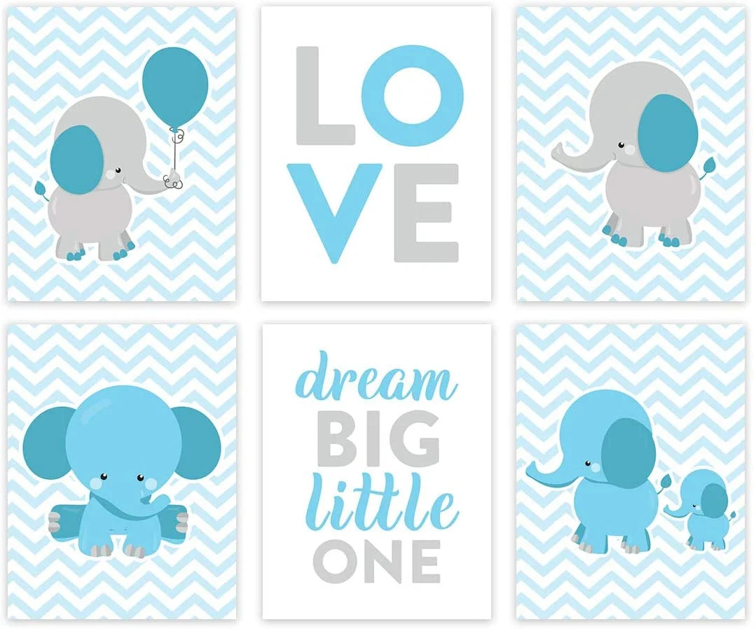 Elephant Theme Boys Nursery Hanging Wall Art, Gray Baby Blue Elephant, Love, Dream Big Little One