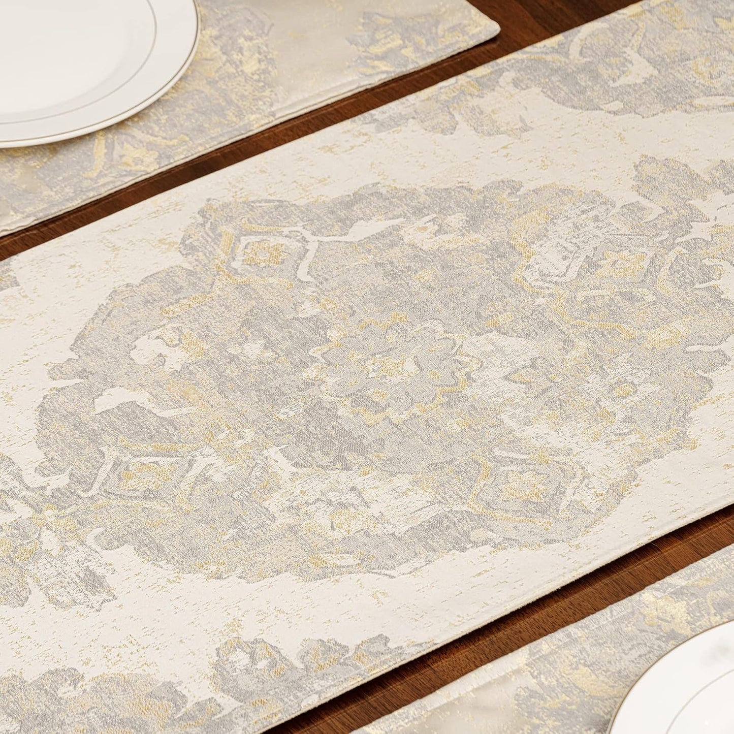 Luxury Table Runner 90 Inches Long, Elegant Damask Jacquard Table Runners with Handmade Multi-Tassels for Dining Room Dresser Party Holiday Banquet Decoration(Beige, 13X90 Inch)