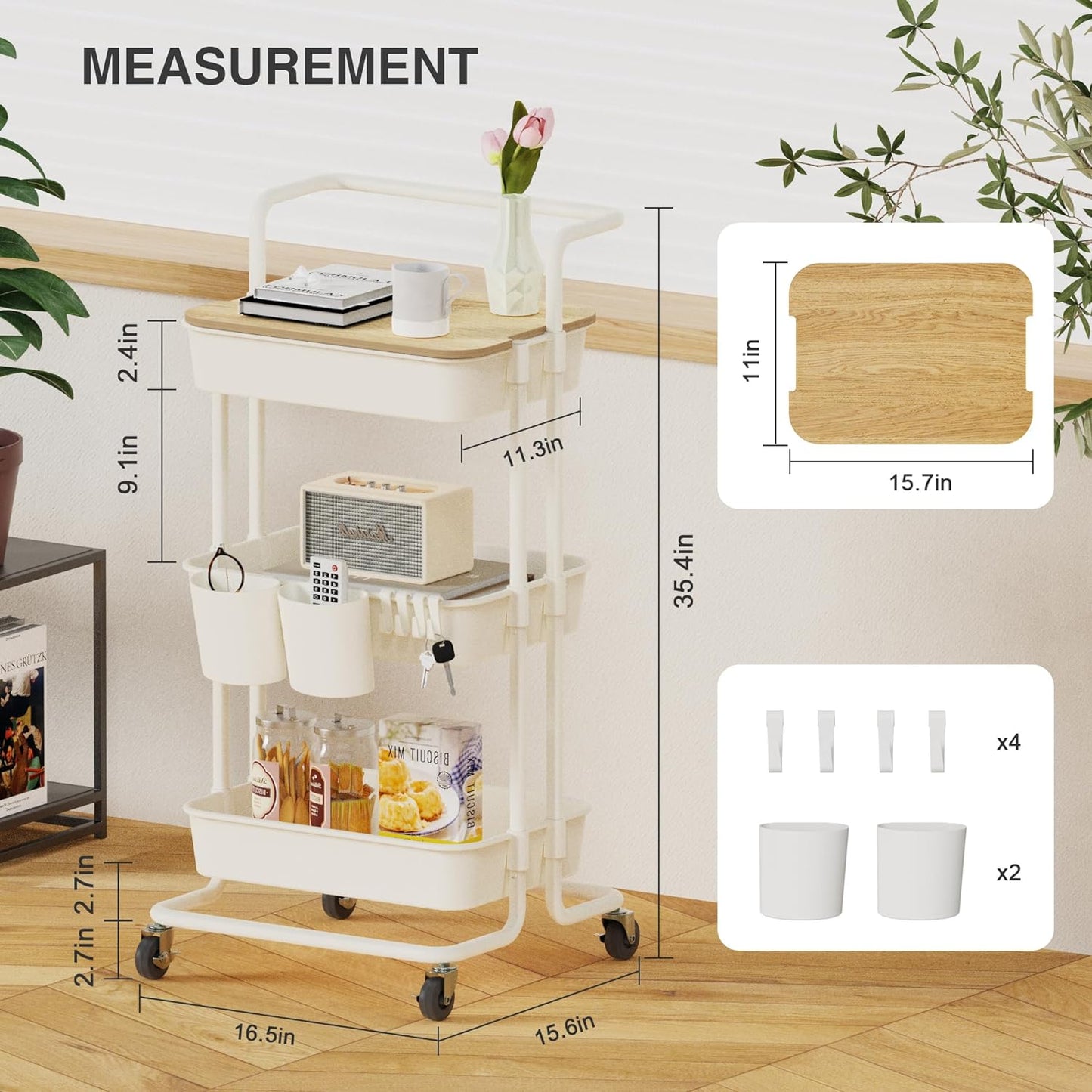 3 Tier Rolling Utility Cart with Cover Top Board, Movable Kitchen Storage Cart Trolley with Lockable Wheels, Cups, Hooks for Kitchen Bathroom Home Office Art Craft Storage and Organization(White)