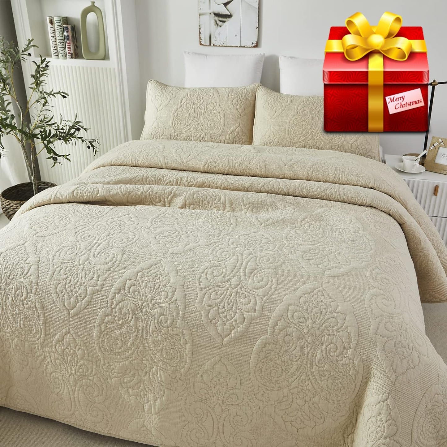 Queen Size Quilt Set Cotton Beige Quilted Comforter Set Luxury Paisley Matelasse Coverlet Set 3-Piece