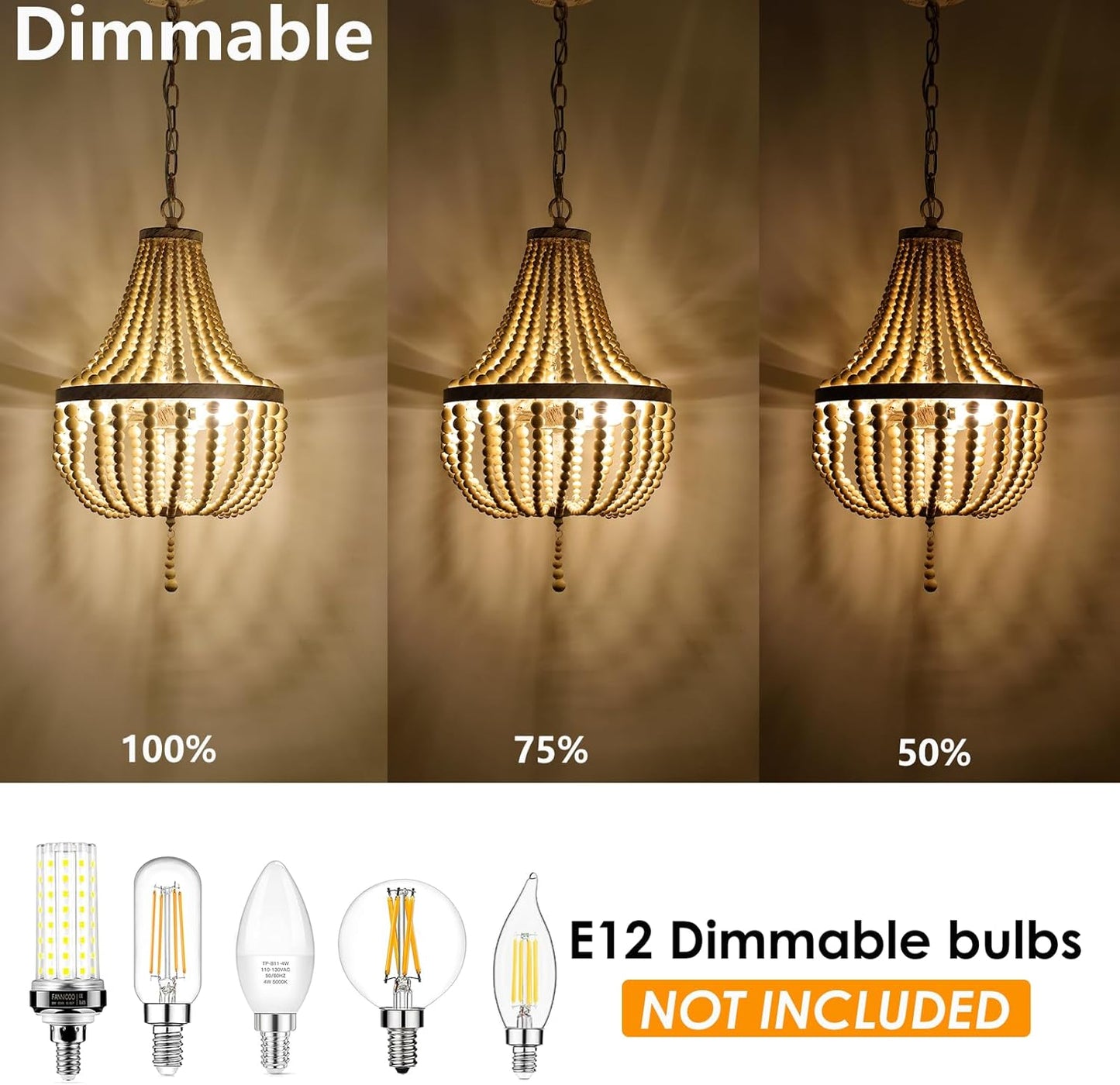 3-Light Mini Wood Beaded Bohemian Plug in Chandelier Dimmable and Timer Pendant Light Fixture with 16.4Ft Swag Cord,Antique Metal Finish Natural Color Beads,Dining Room,Living Room,Foyer,Bedroom…