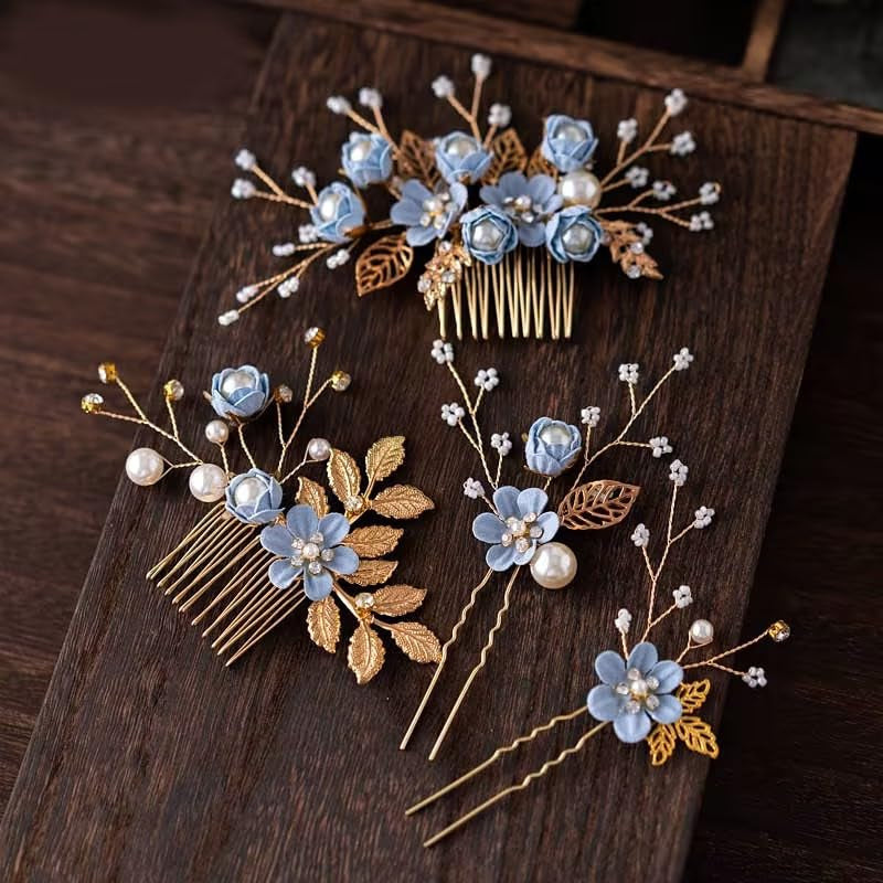 4Pcs Blue Wedding Hair Piece Blue Hair Accessories Hairpins Set, Decorative Pearl Comb, Flower Bridal Hair Set, Hair Accessories for Brides Girls Hair Combs Hair Jewelry