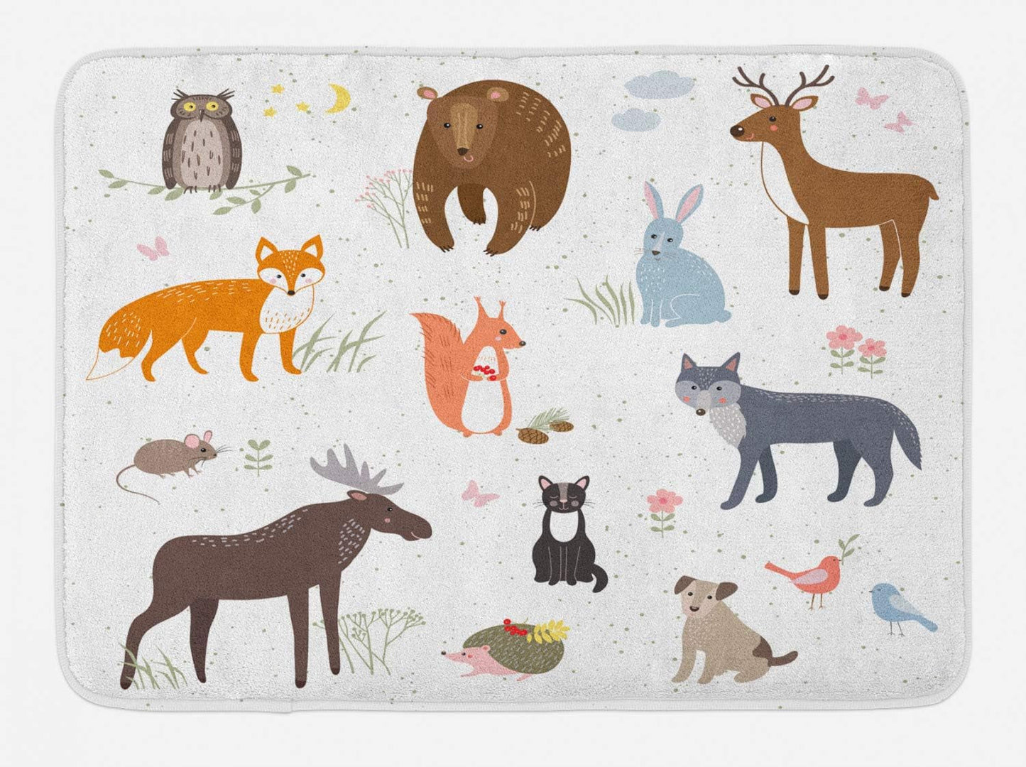 Cabin Bath Mat, Animals in the Springtime Meadow Woodland Fauna Room, Plush Bathroom Decor Mat with Non Slip Backing, 30.2" X 20", Umber Multicolor White