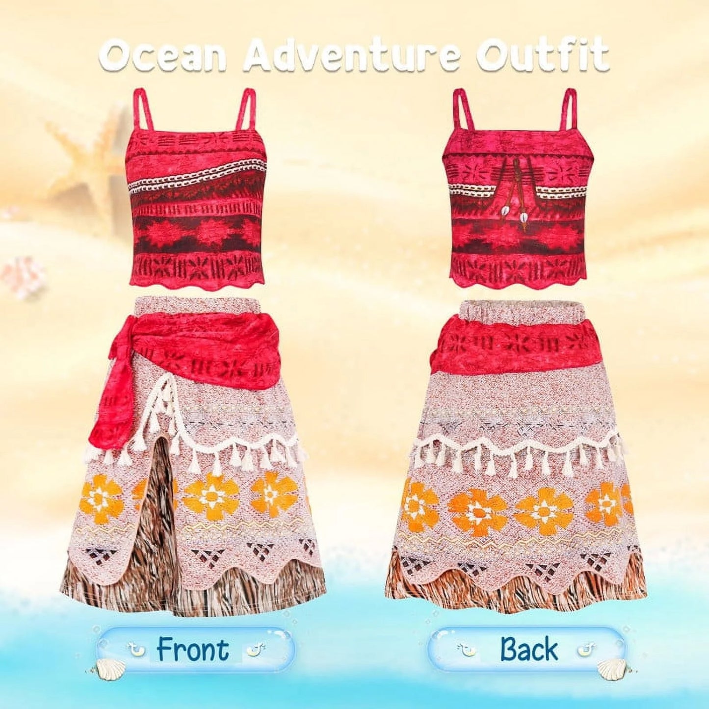 Princess Moana Costume for Girls Adventure Outfit Two-Pieces Crop Top Skirt Set Birthday Party Clothes