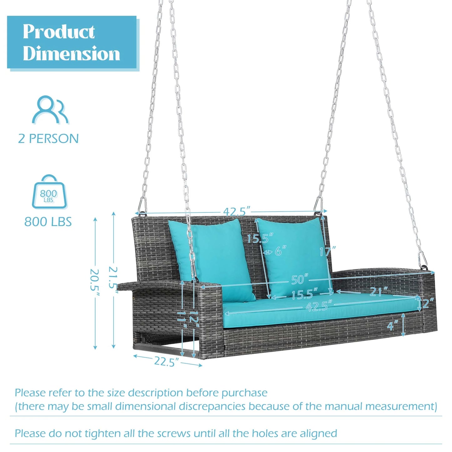 Fashion 2-Person Patio Hanging Porch Swing Rattan 800LBS Swing Bench W/ Turquoise Cushions