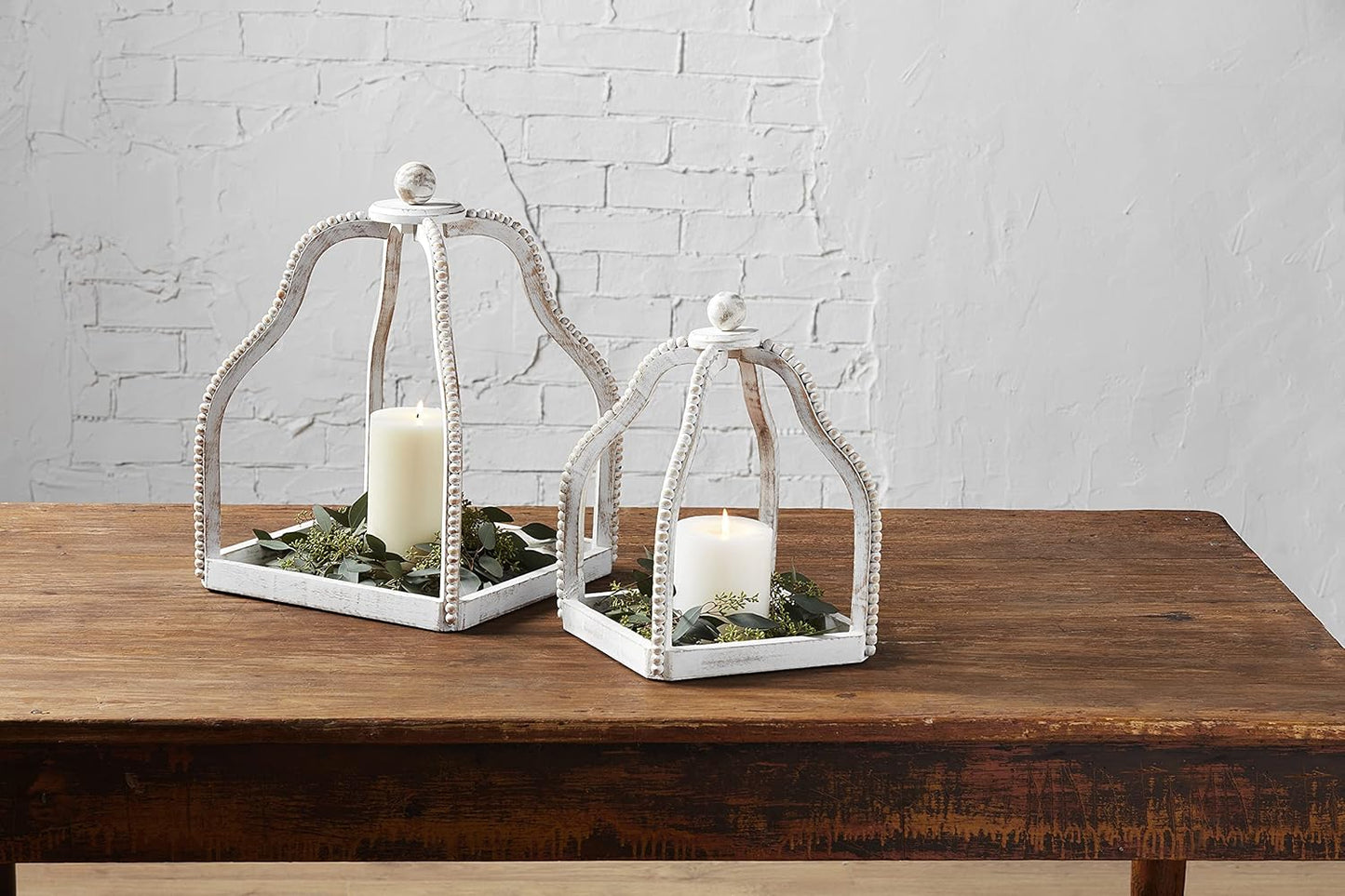 Wood Beaded Lantern Set, Distressed White WASH
