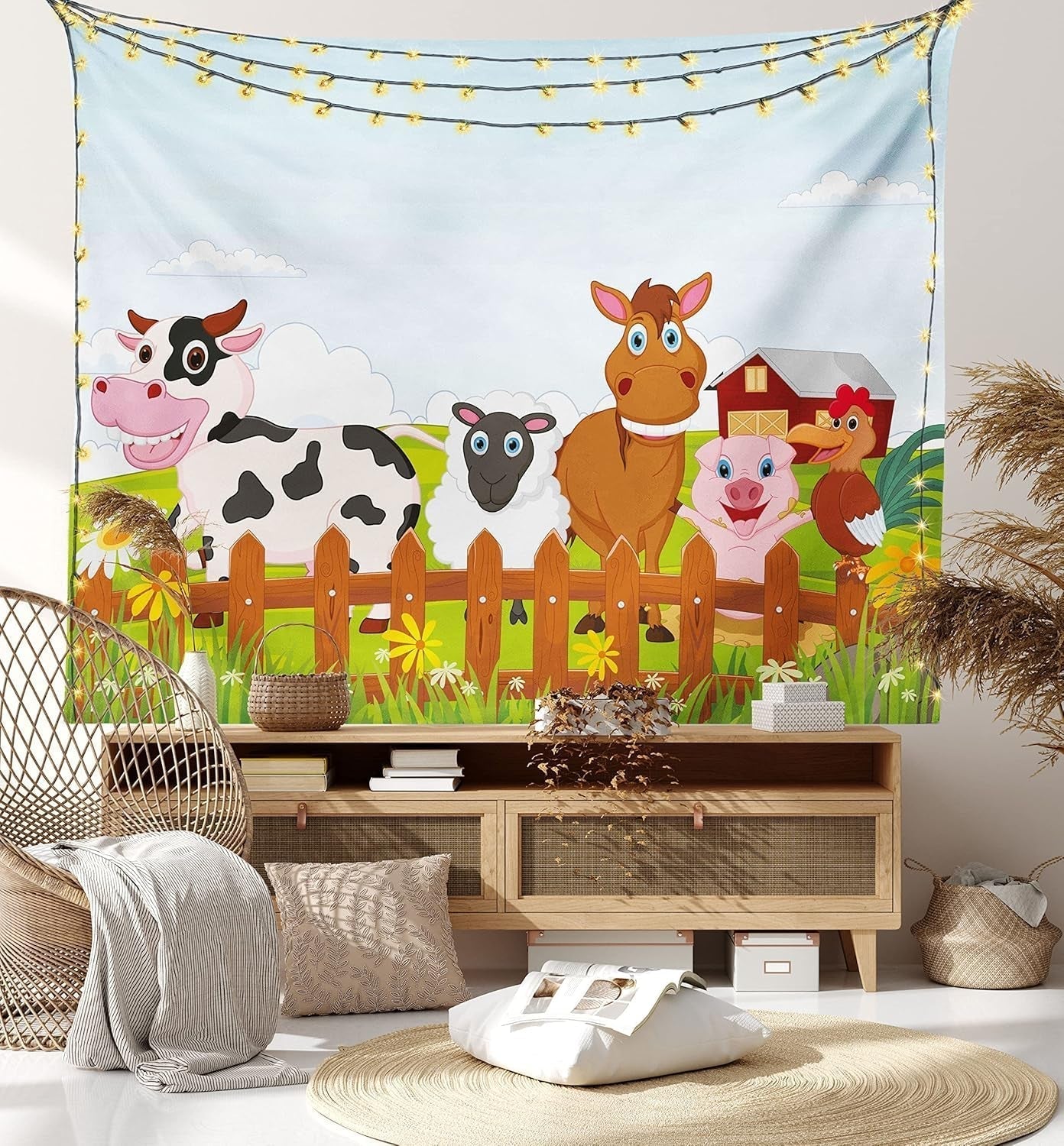 Animal Tapestry King Size, Farm Creatures Cow Horse Goat Pig and Chicken by the Fences Cartoon, Wall Hanging Bedspread Bed Cover Wall Decor, King Size, Pale Brown