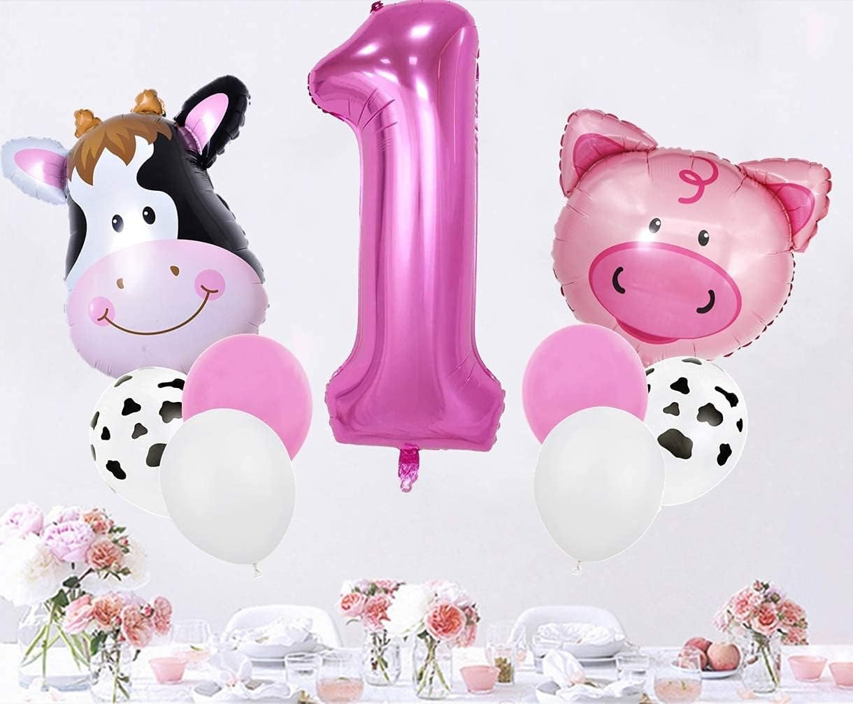 18Pcs Farm Animal Balloons for 1St Birthday Party Decorations Pig Cow Head First Farm Animal Theme Balloon Garland Arch 40" Number 1 Foil Balloon 12" Latex Balloon Baby Girl Shower Party Supplies