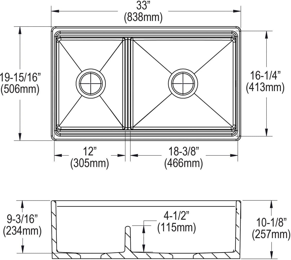 SWUF3320WH Fireclay 60/40 Double Bowl Farmhouse Sink with Aqua Divide, White