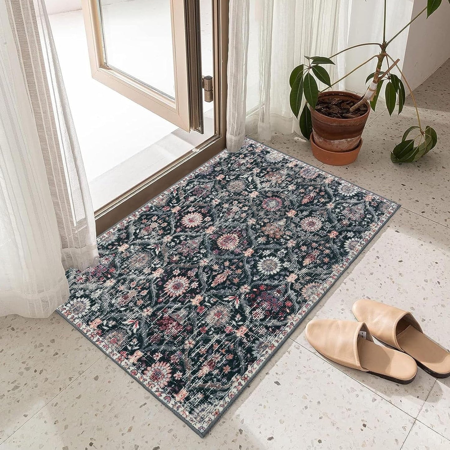 5'X7' Area Rug for Living Room Non-Slip Moroccan Indoor Washable Rug Ultra-Thin Foldable Soft Carpet Floral Accent Throw Rug for Kitchen Entryway Bathroom Bedroom Office Carpet,Grey