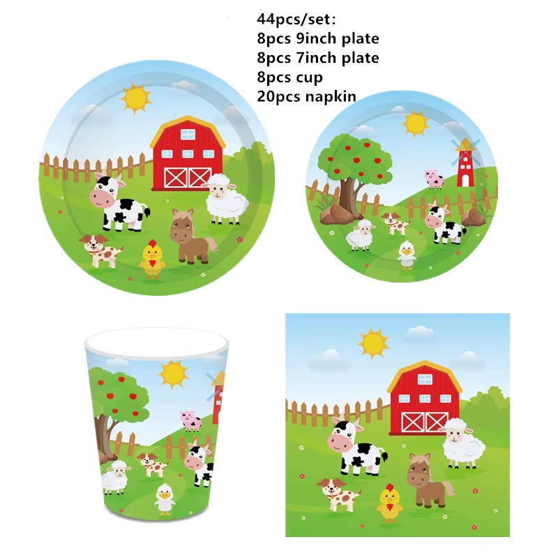 Farm Animals Theme Birthday Party Decoration Kids Paper Napkins Plates Cups Bags Disposable Party Tableware Decorative Plates
