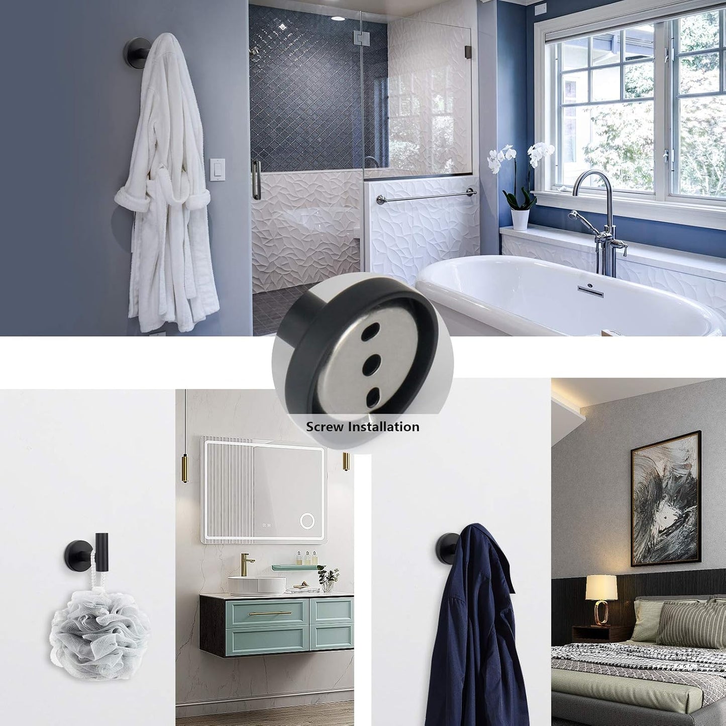 7 Pieces Bathroom Hardware Set SUS304 Thicken Stainless Steel-Towel Rack Kit Include 24" Towel Rod+ 9" Hand Towel Bar+ Toilet Paper Holder+4Robe Towel Hooks Bath Accessories (Matte Black)
