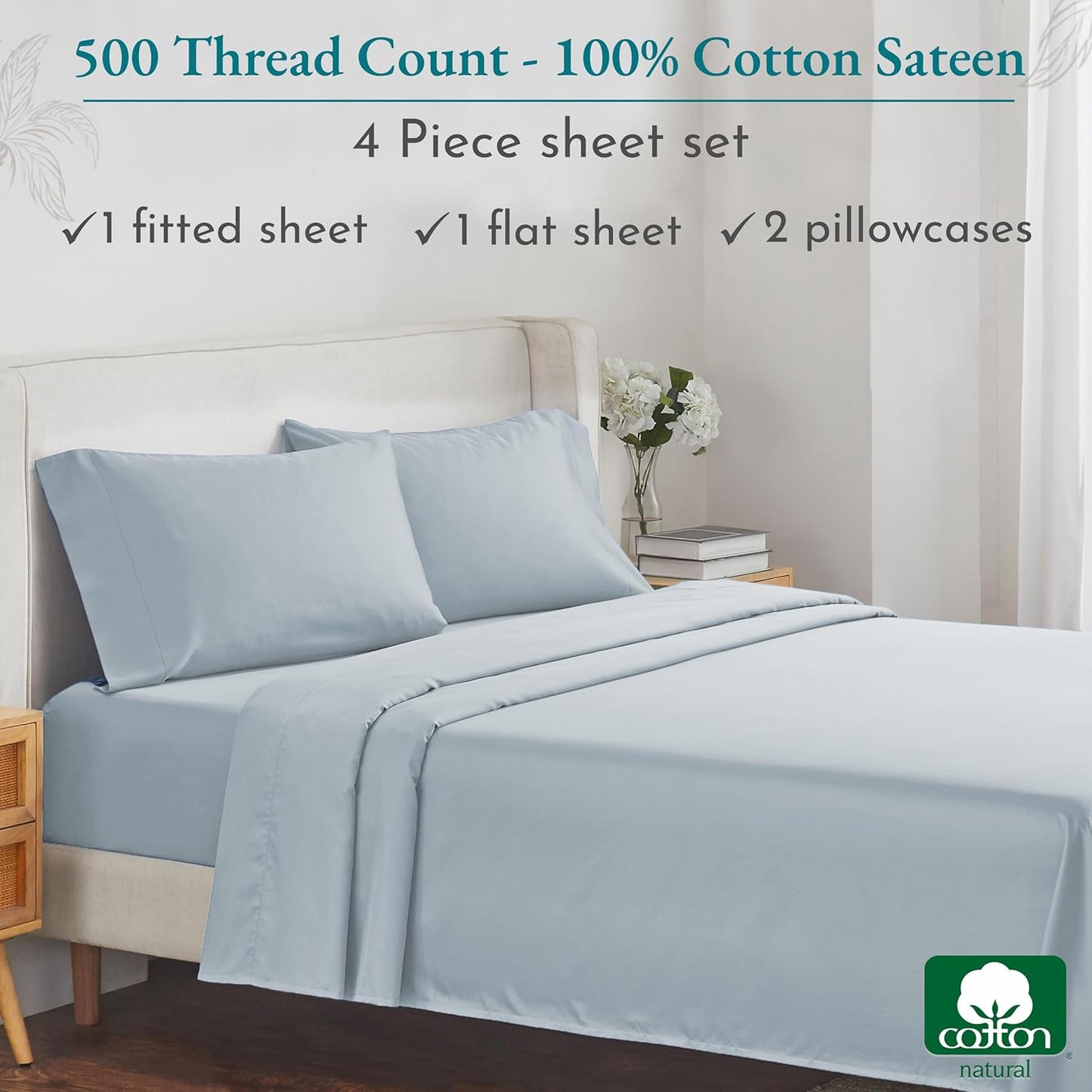 - Finest Queen Cotton Sheet Set, Soft 100% Cotton Cooling Sheets Deep Pockets Set, Snug Fit Elastic, 500 Thread Count, Sheet Sets for Bed (Light Blue)