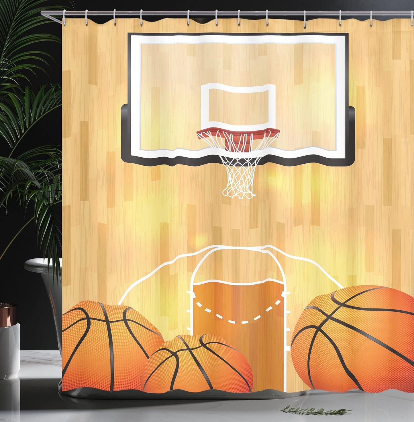 Sports Shower Curtain, Vivid Basketball Court Balls and Hoop Madness Rim Court Parquet Hardwood, Cloth Fabric Bathroom Decor Set with Hooks, 69" W X 75" L, White Orange