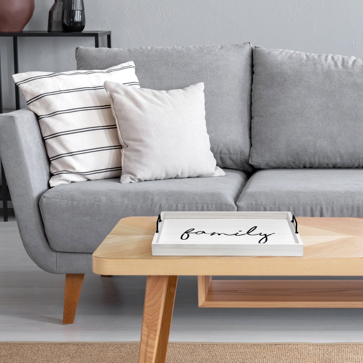 15.5" X 12" Decorative Wood Serving Tray, "Family", White Wash