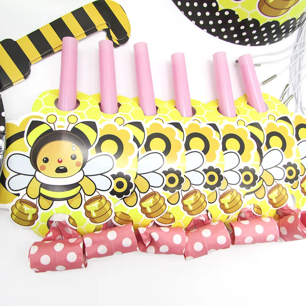 6Pcs Cartoon Bumble Bee Party Disposable Tableware Cups Plates Hats Straw Birthday Party Decorations Kids for 6 Person