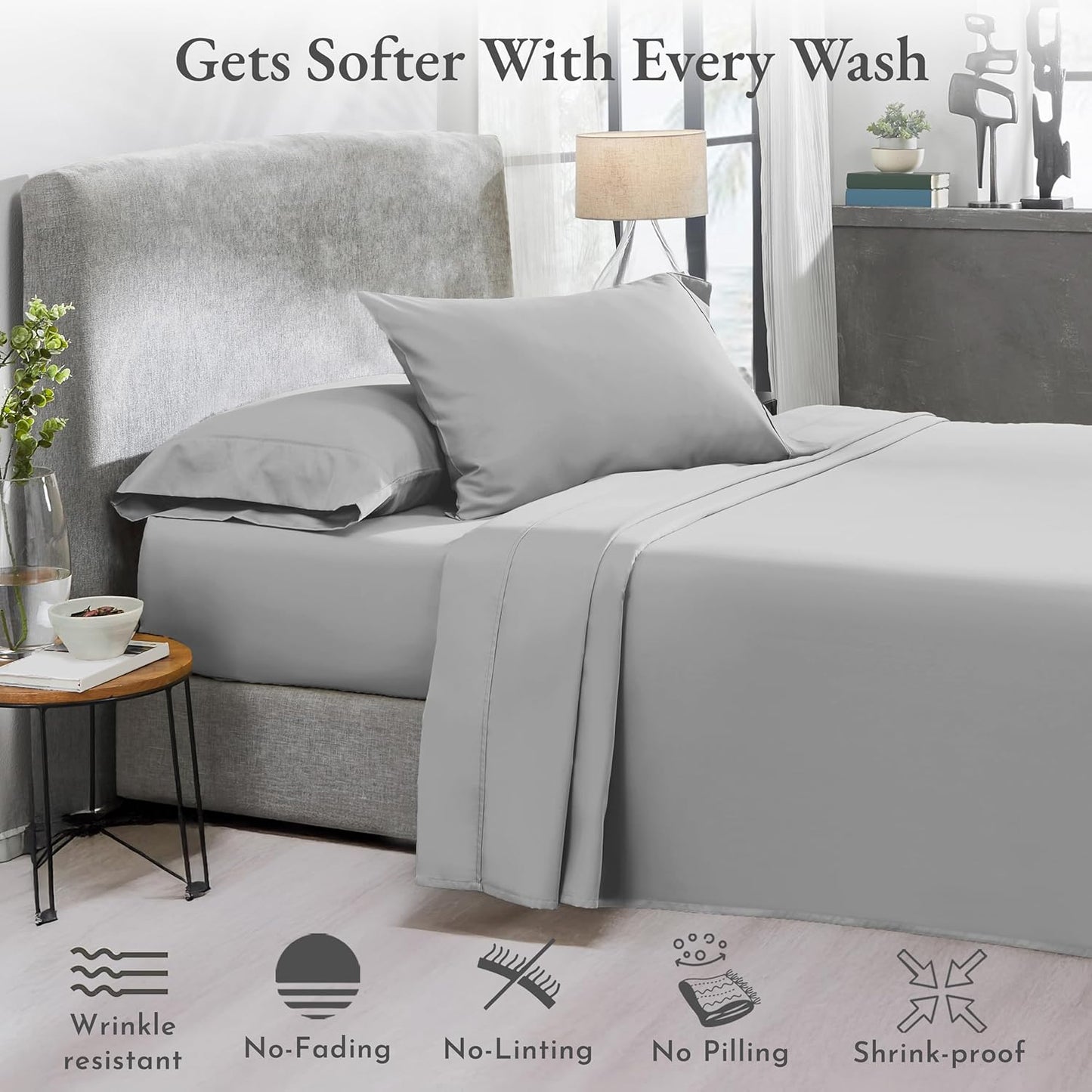 6-Pc King Size Sheet Set with 4 Pillowcases - Soft 400 Thread Count 100% Cotton Sheets, Cooling Sateen Weave, Luxury Deep Pocket Bedsheets Set - Light Grey
