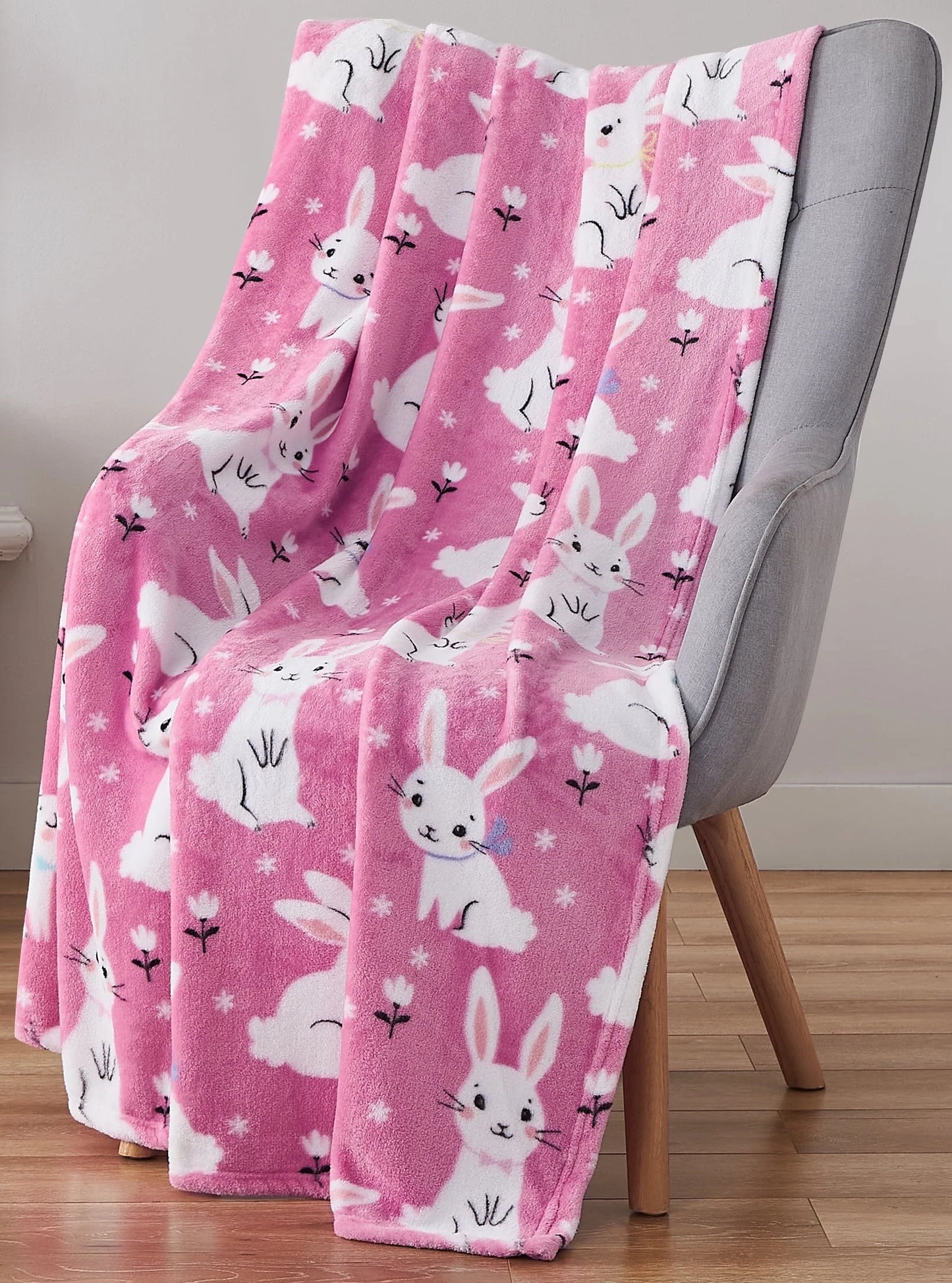 Spring Throw Blanket, Soft Cozy Velvet Fleece, Pink Blue White, 50" X 60" Inch