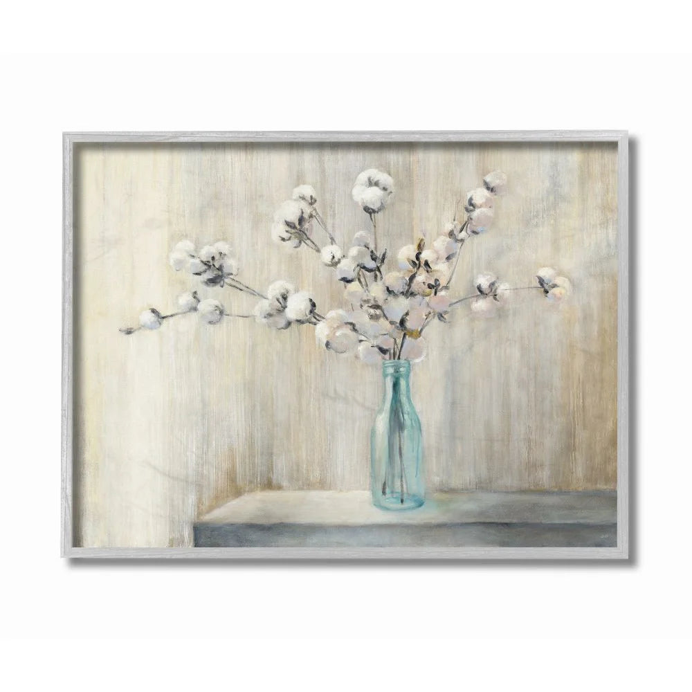 Beautiful Cotton Flower Grey Brown Painting Gray Farmhouse Rustic Framed Giclee Texturized Art by Julia Purinton