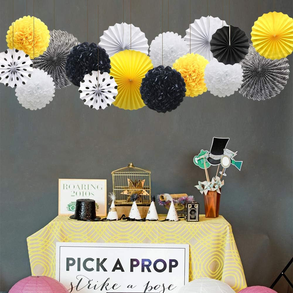 Yellow White Black Hanging Paper Party Decorations, round Paper Fans Set Paper Pom Poms Flowers for Bee Baby Shower Decorations Batman Birthday Party