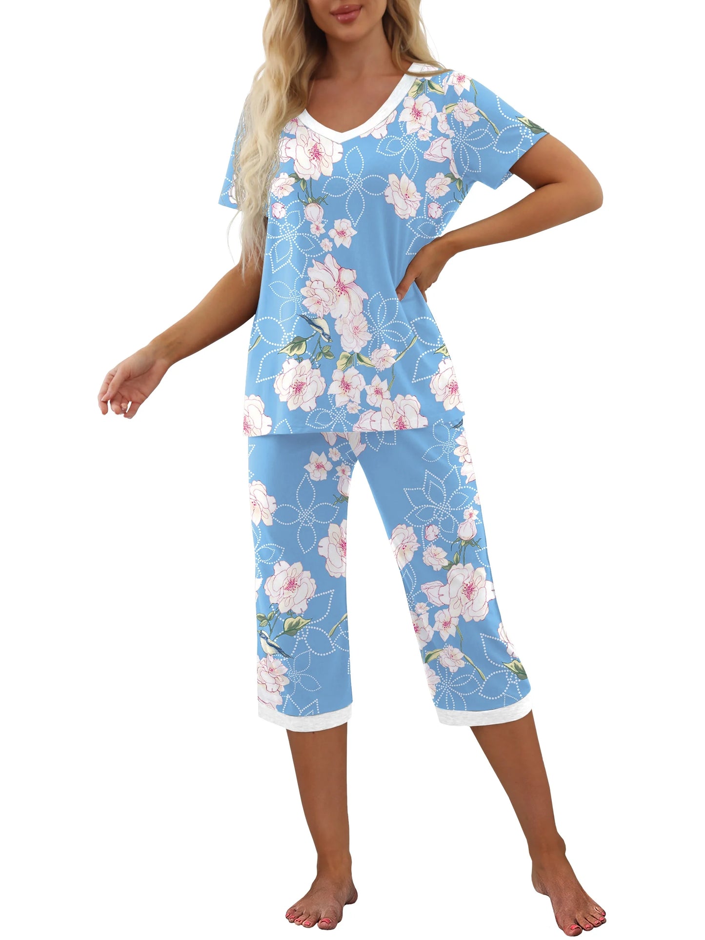 Women'S Pajama Sets Short Sleeve Shirt and Capri Soft Pajama Sets with Pockets