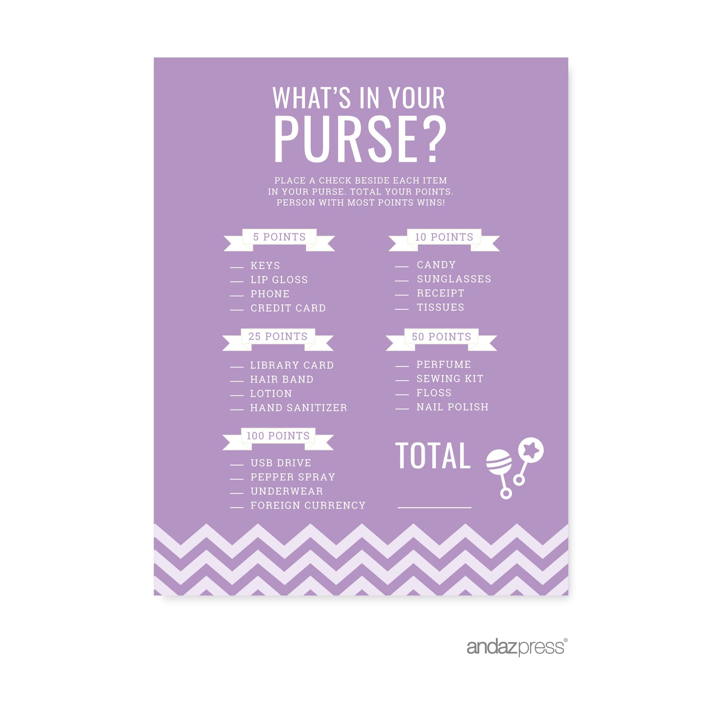 What'S in Your Purse? Lavender Chevron Baby Shower Games, 20-Pack