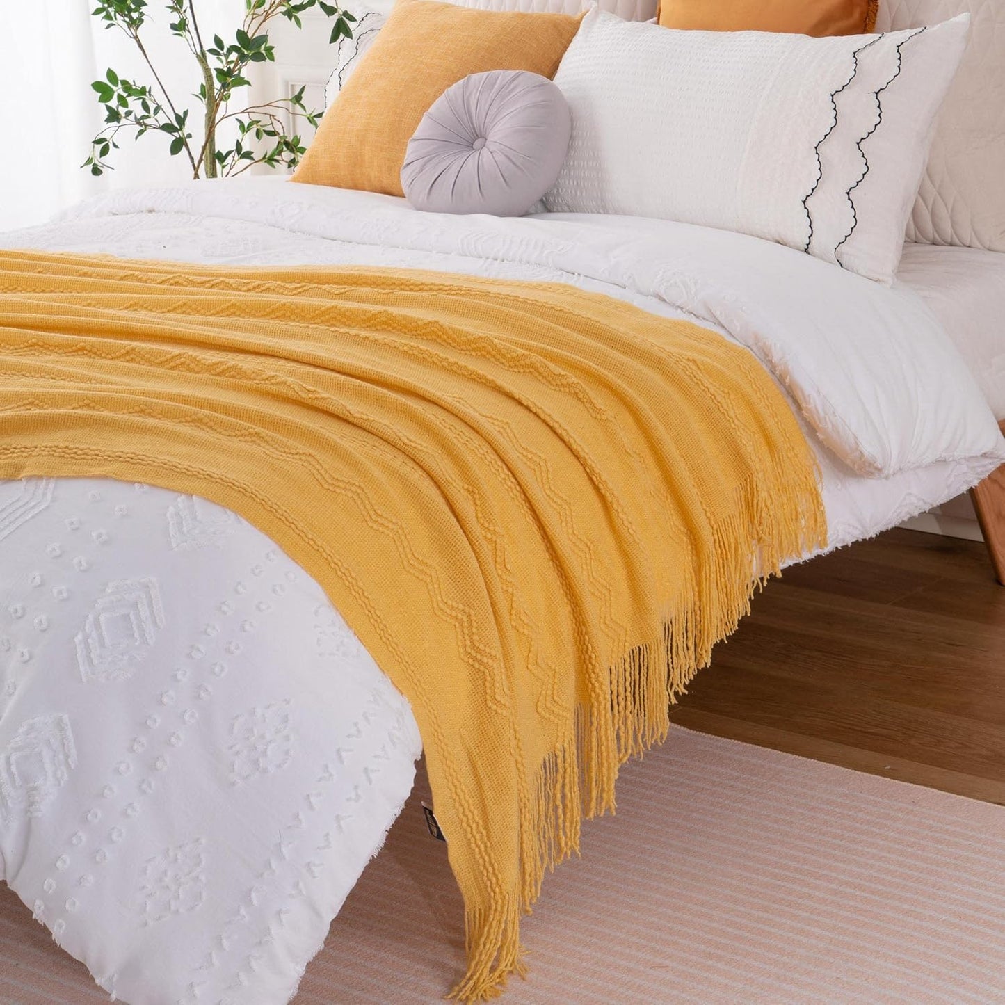 Mustard Throw Blanket with Fringe Geometric Bed Yellow Throws Summer Breathable Decorative Large Throw for Couch Sofa Indoor Outdoor (Yellow, 50"X60")