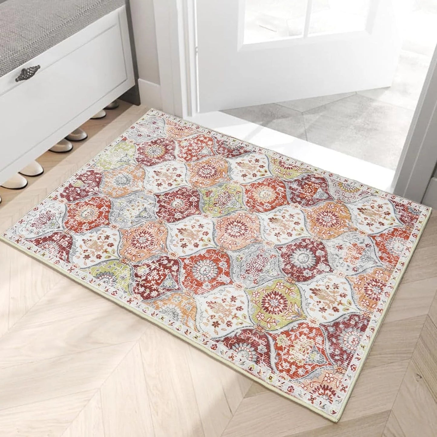 5'X7' Area Rug for Living Room Non-Slip Moroccan Indoor Washable Rug Ultra-Thin Foldable Soft Carpet Floral Accent Throw Rug for Kitchen Entryway Bathroom Bedroom Office Carpet,Grey