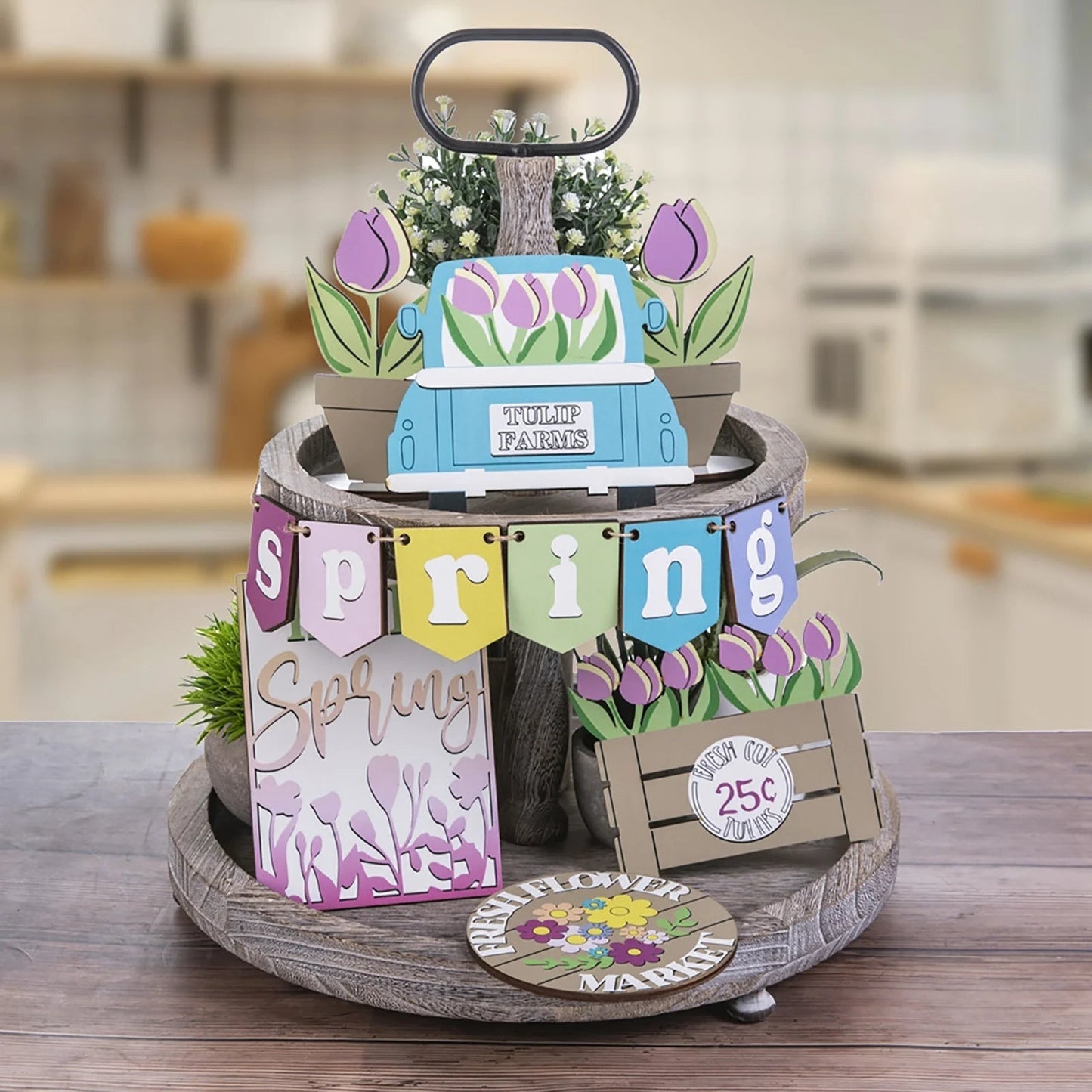 12PCS Farmhouse Tiered Tray Decor Set Sweet Home Tiered Tray Decorations Home Rustic Wooden Signs Decorative Farmhouse Kitchen Table Decor for Dining Room Country Summer Shelf Centerpiece Gift