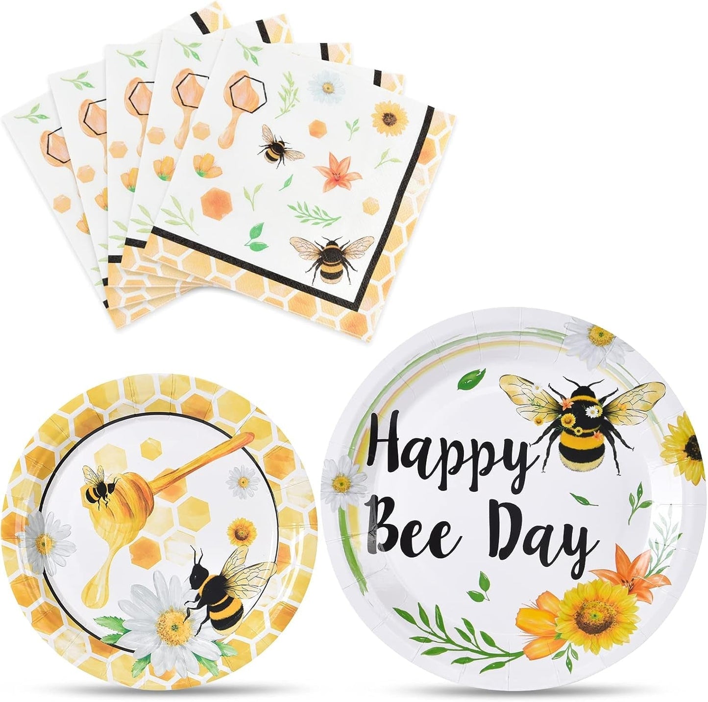 Bee Party Plates and Napkins - 48 PCS Happy Bee Day Party Supplies for Kids Honey Bee Party Tableware Set Dinner Dessert Cake Plates Lunch Napkins Serves 16 Guests