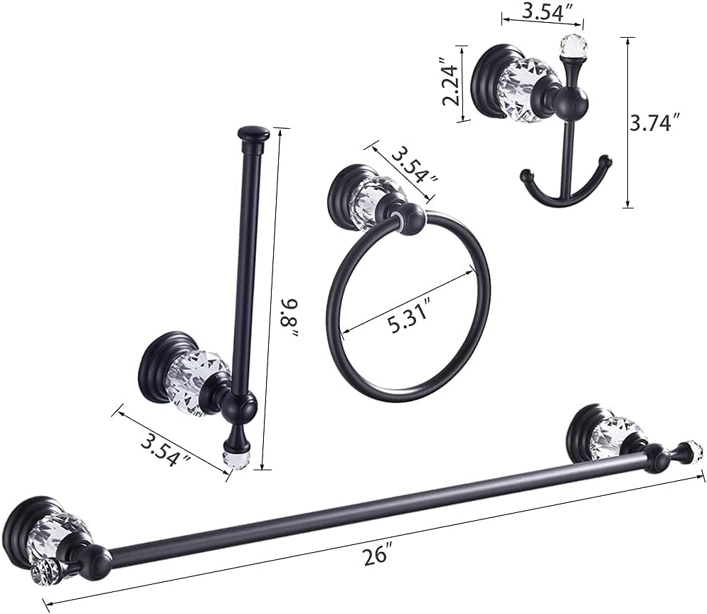 Crystal Bathroom Hardware, Matte Black Bathroom Accessories Set Towel Bar Toilet Paper Holder Towel Ring Coat Hooks 4 Pieces