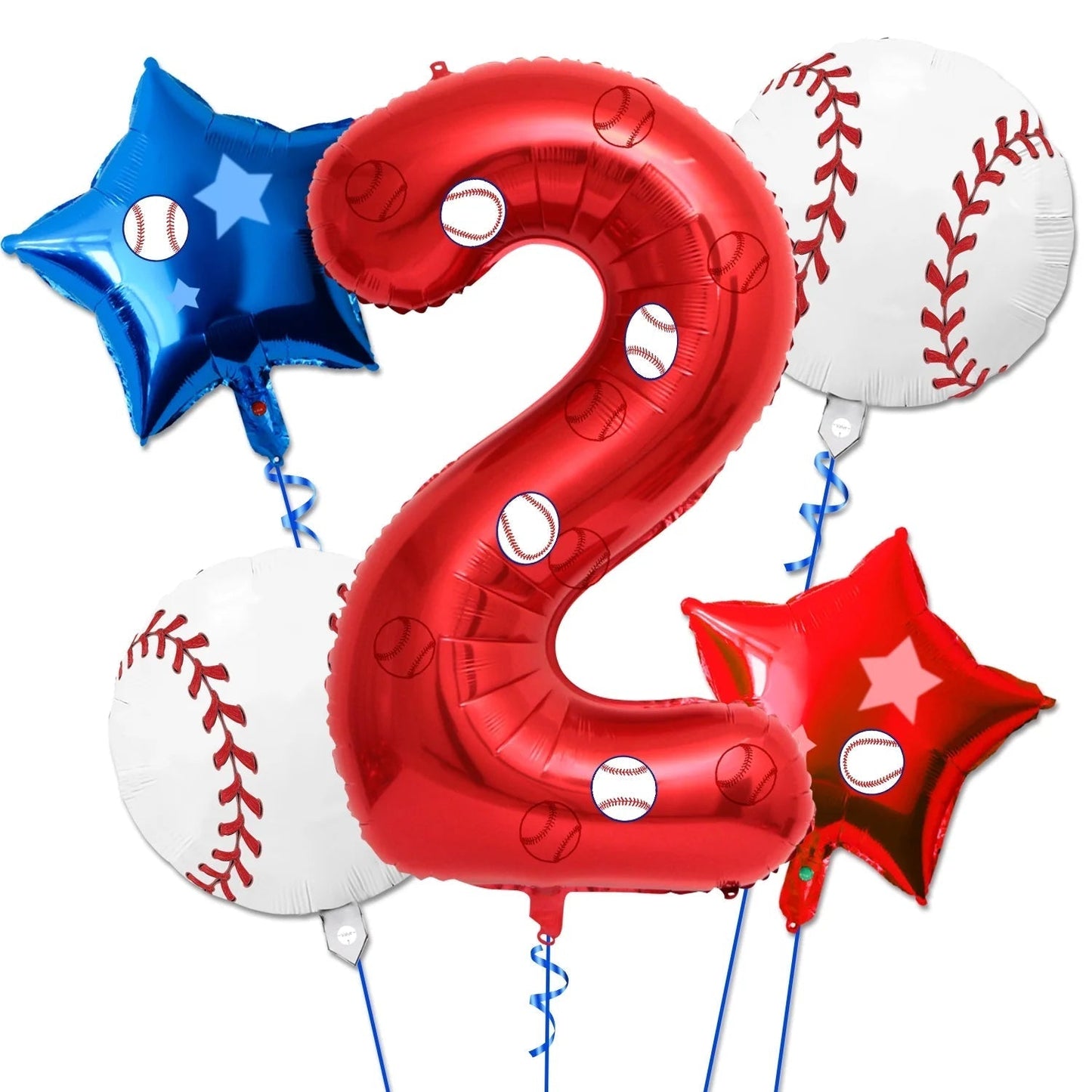5 Pcs Baseball Balloons Set - Includes Baseball Foil Balloons, Number4 Balloon, Blue Red Star Balloons, Baseball Stickers for Baseball Party Supplies
