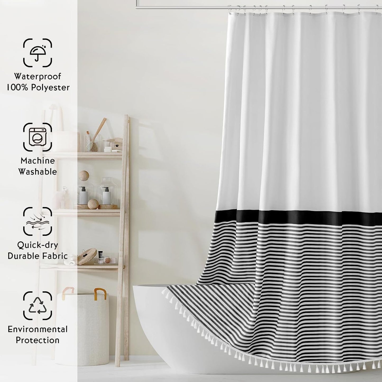 Farmhouse Shower Curtain Tassel,96 Inch Extra Long Black White Striped Bathroom Shower Curtain,72 X 96
