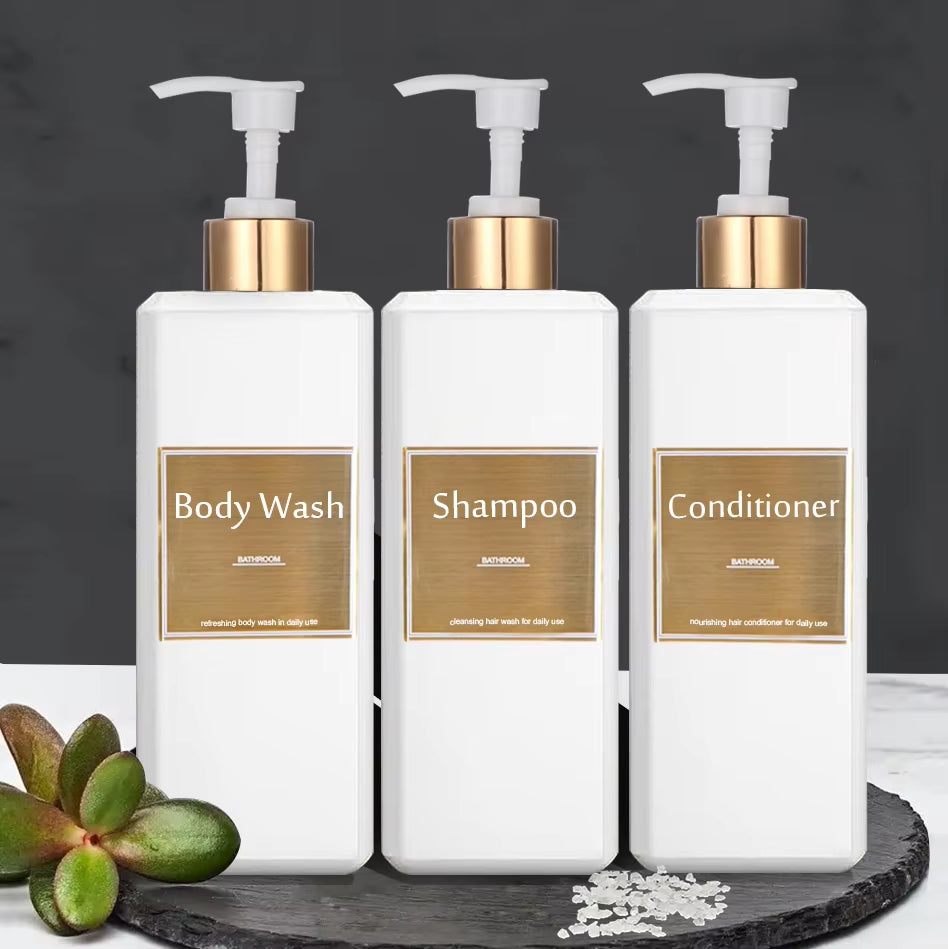 500Ml/16.9Oz Shampoo Dispenser Press Pump Bottle with Gold Waterproof Labels Bathroom Shampoo Conditioner Body Wash Bottles