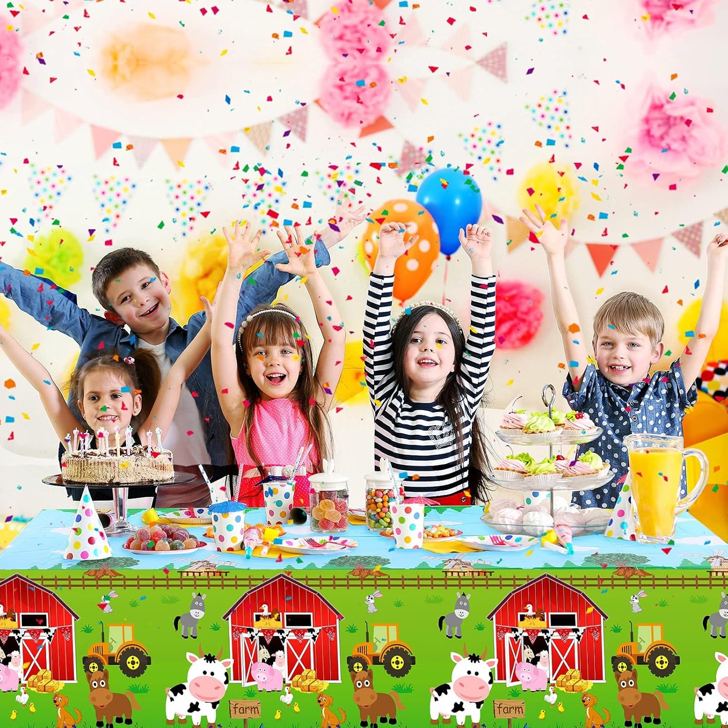 Farm Animals Party Tablecloth Farmhouse Disposable Plastic Table Cover Barnyard Farm Animal Theme Party Decorations for Baby Shower Birthday Party Supplies, 108 X 54 Inch (Red,1 Piece)