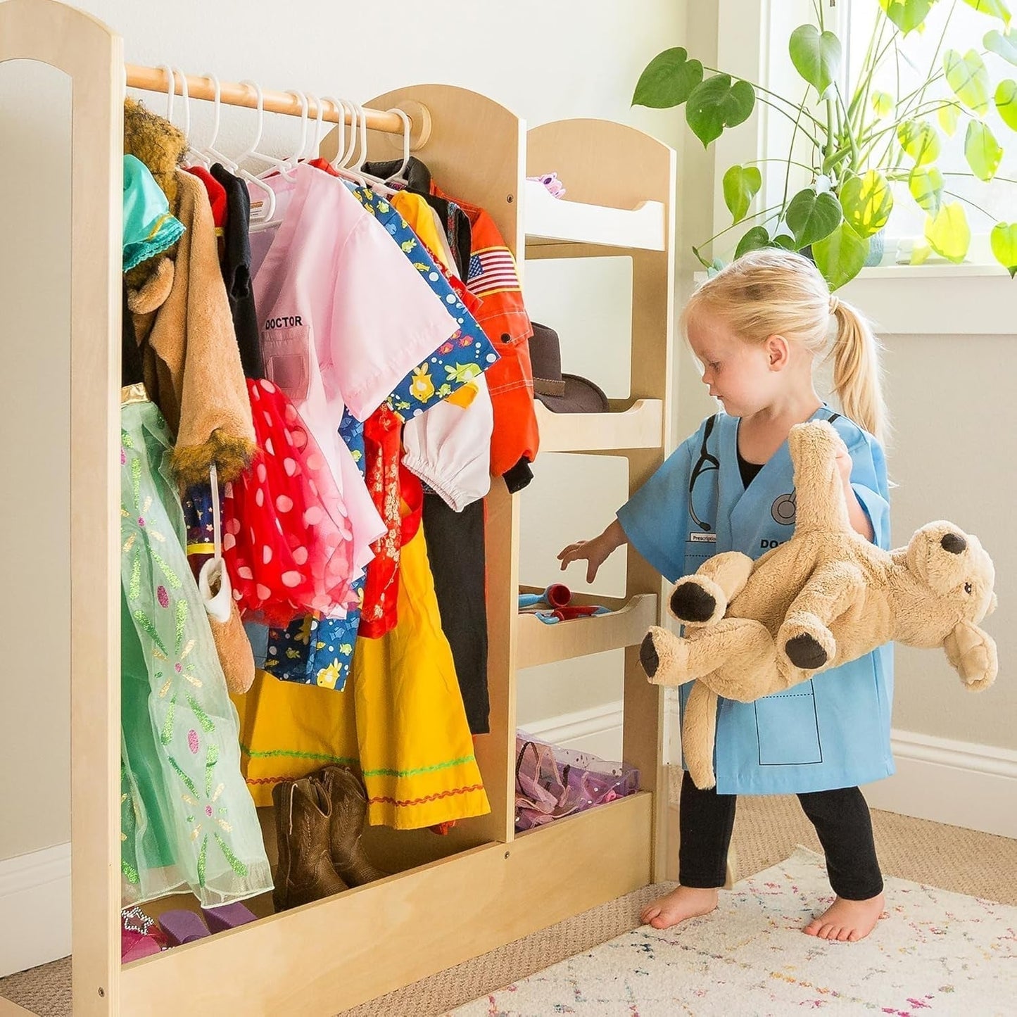 See and Store Dress-Up Center – Natural: Armoire for Kids with Mirror & Shelves, Clothes Rack and Shoe Storage Dresser with Bottom Tray - Toddlers Room Furniture