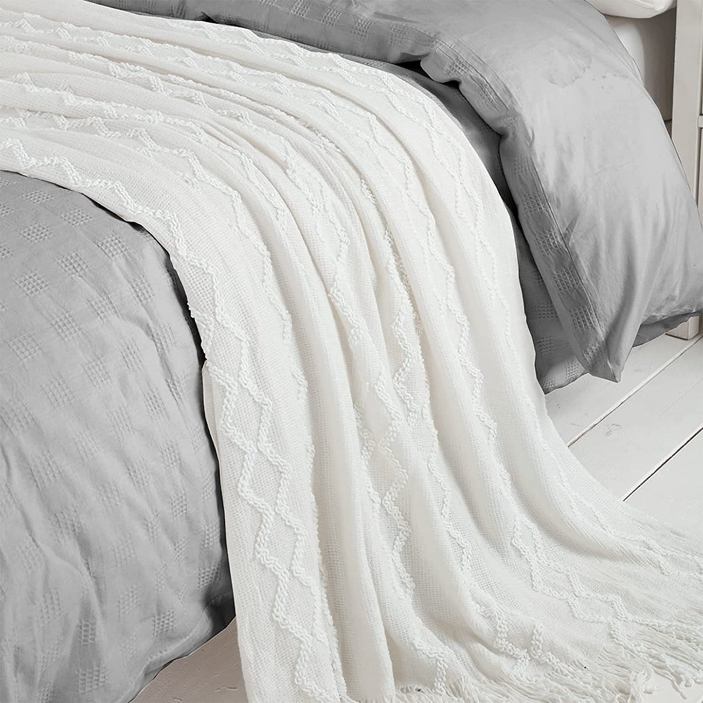 Fluffy Chenille Knitted Fringe Throw Blanket Lightweight Soft Cozy for Bed Sofa Chair Throw Blankets, Cream White 50" X 60"