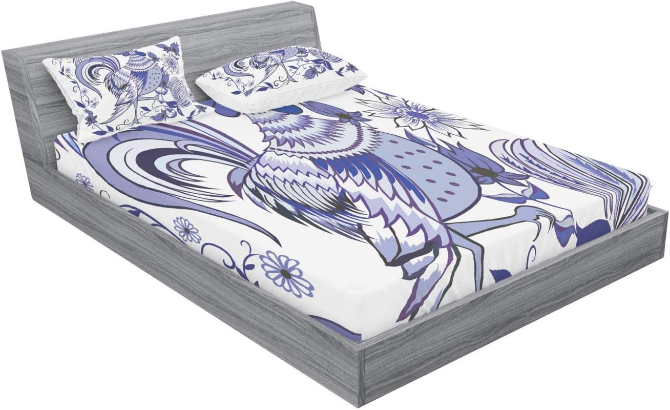 Gallus Fitted Sheet & Pillow Sham Set, Floral Pattern with Flowers and Birds Feathers Wings Leaf Ornament Folk Art, Decorative Printed 3 Piece Bedding Decor Set, Queen, Violet Blue White