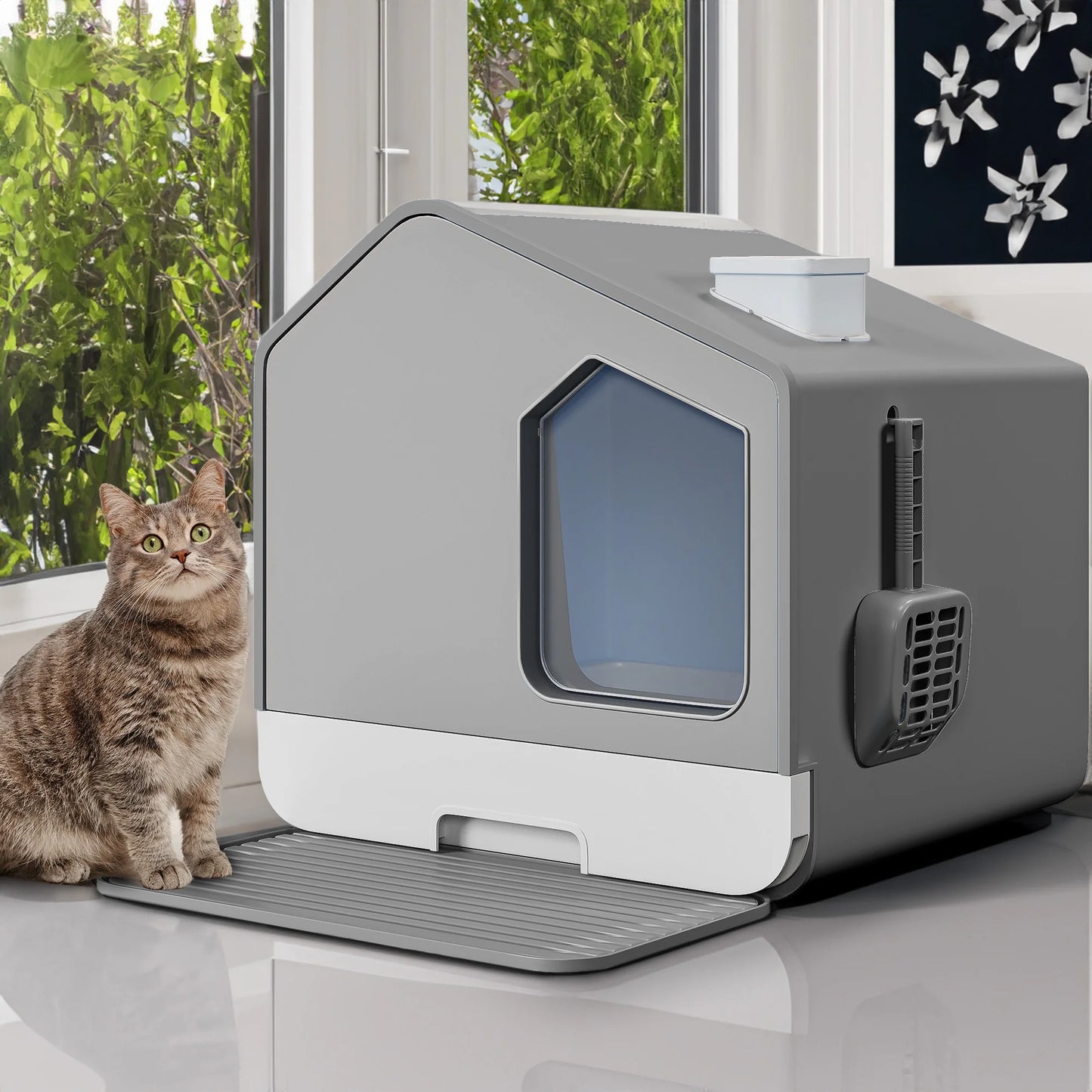Extra Large Enclosed Cat Litter Box with Mat and Scoop,Odor-Free Enclosed Hooded Large Cat Toilet, No Assembly Required and Easy Cleaning,Gray