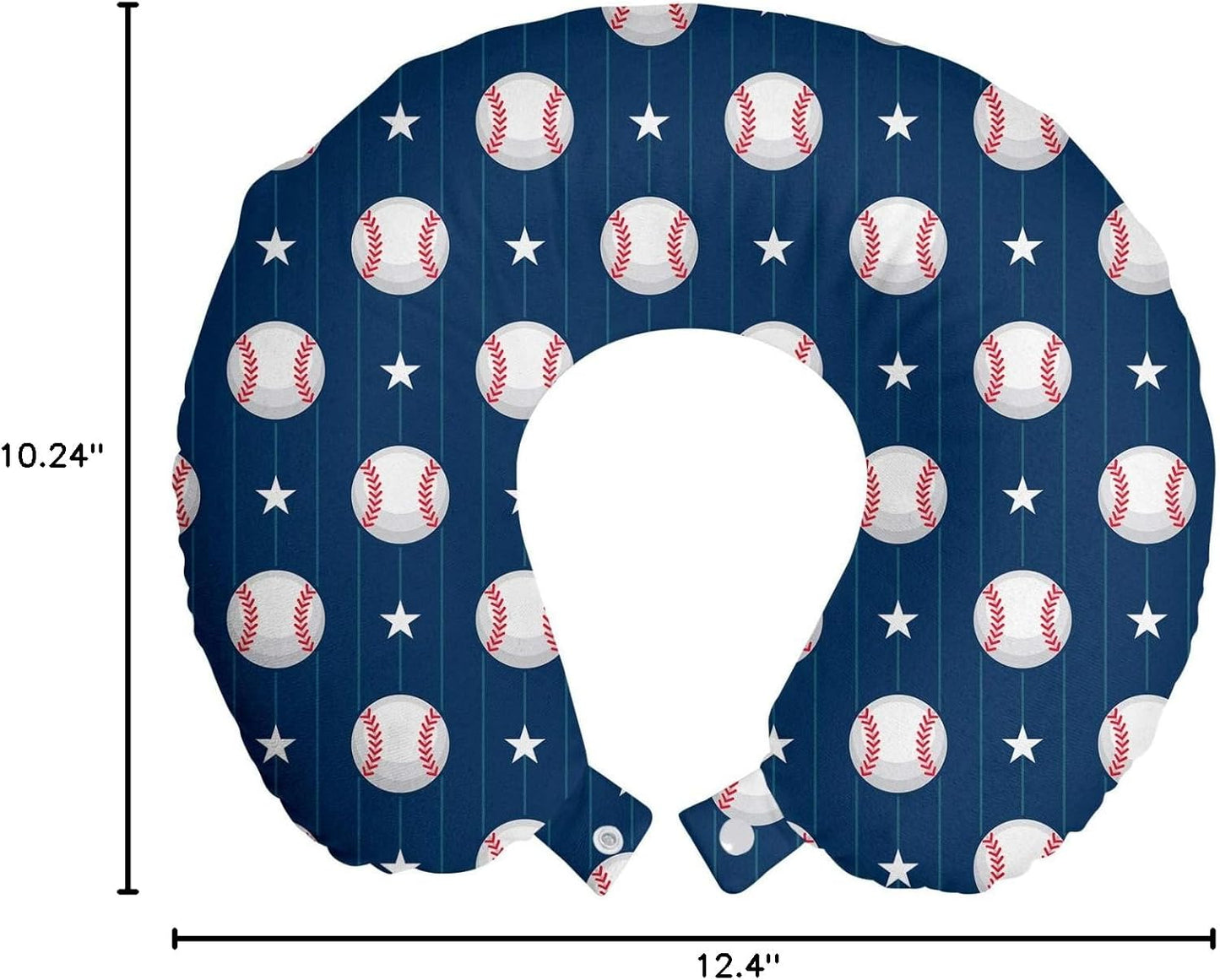 Sports Travel Pillow Neck Rest, Baseball Patterns on Vertical Striped Background Stars Design, Memory Foam Traveling Accessory for Airplane and Car, 12", Blue Red
