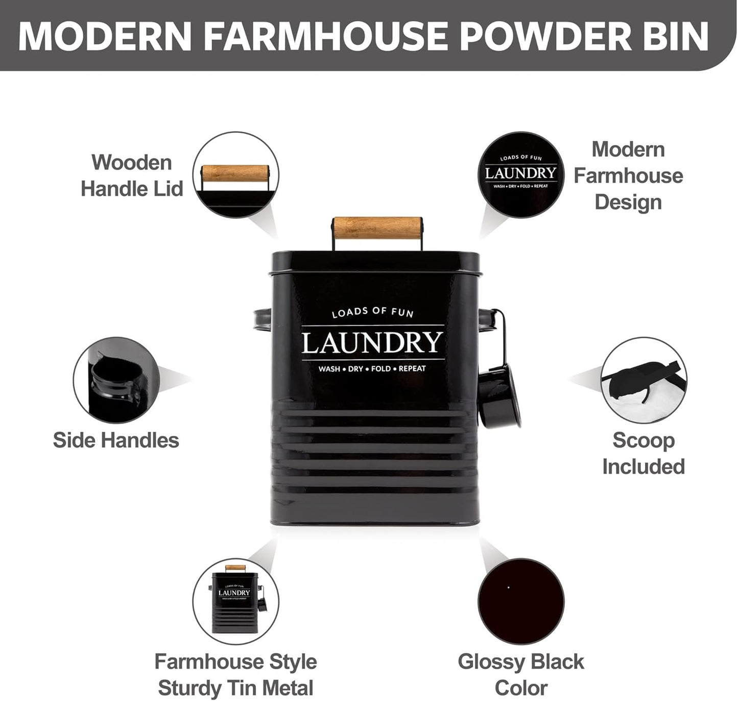 Modern Farmhouse Metal Laundry Soap Dispenser Container Holder with Scoop for Laundry Room Decor and Space Saving Laundry Room Organization and Storage, Laundry Powder Container, Black