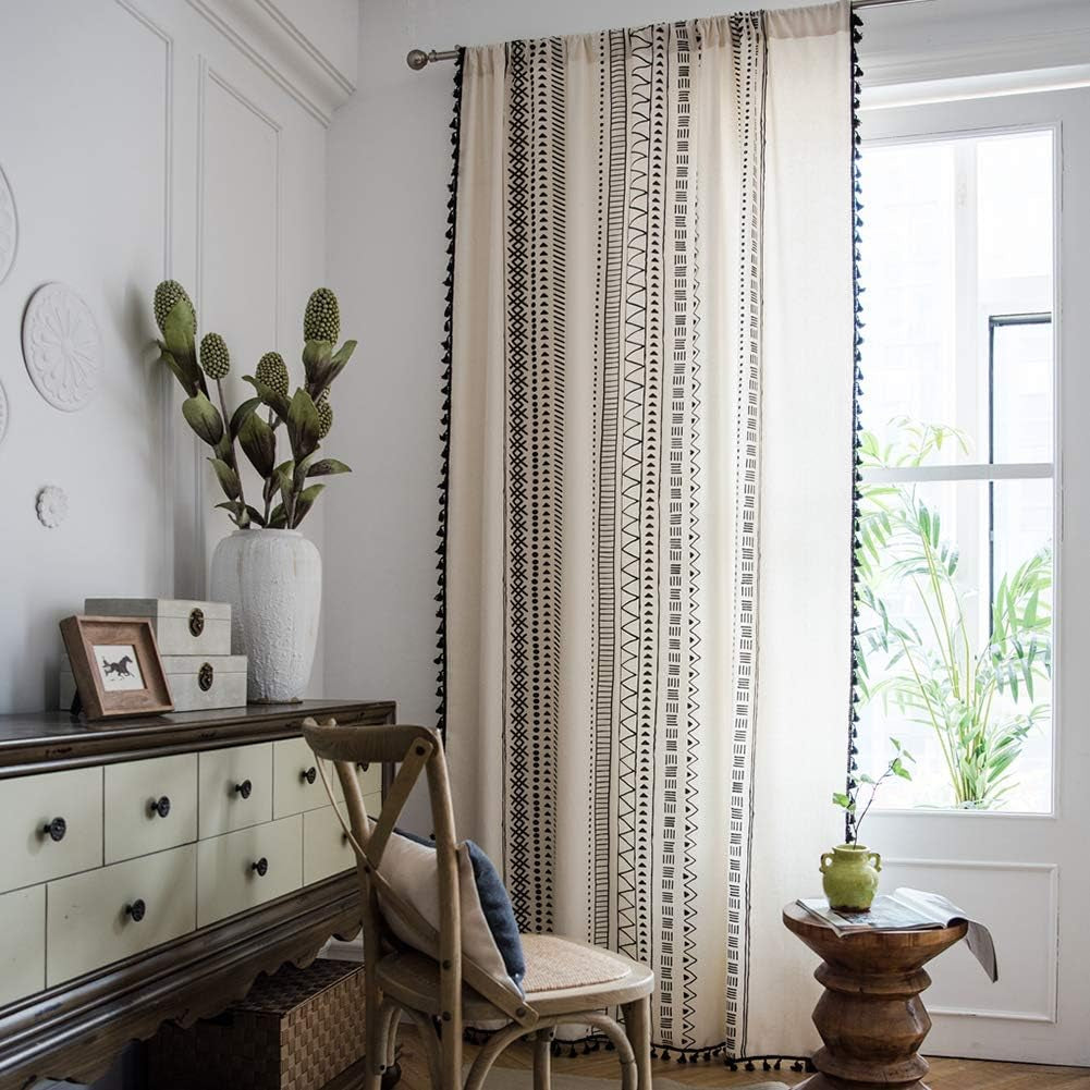 Boho Curtains 2 Panels, Black and White Living Room Curtains 63 Inch Length, Farmhouse Geometric Tassels Rod Pocket Window Drapes for Kitchen Dining Room