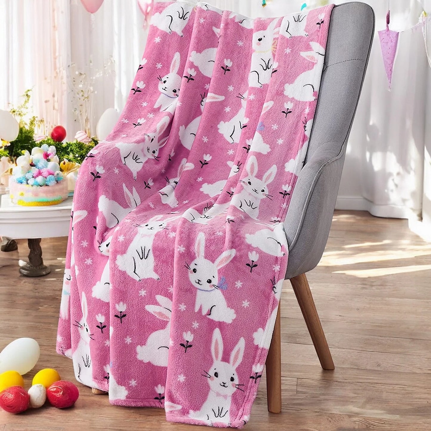 Spring Throw Blanket, Soft Cozy Velvet Fleece, Pink Blue White, 50" X 60" Inch