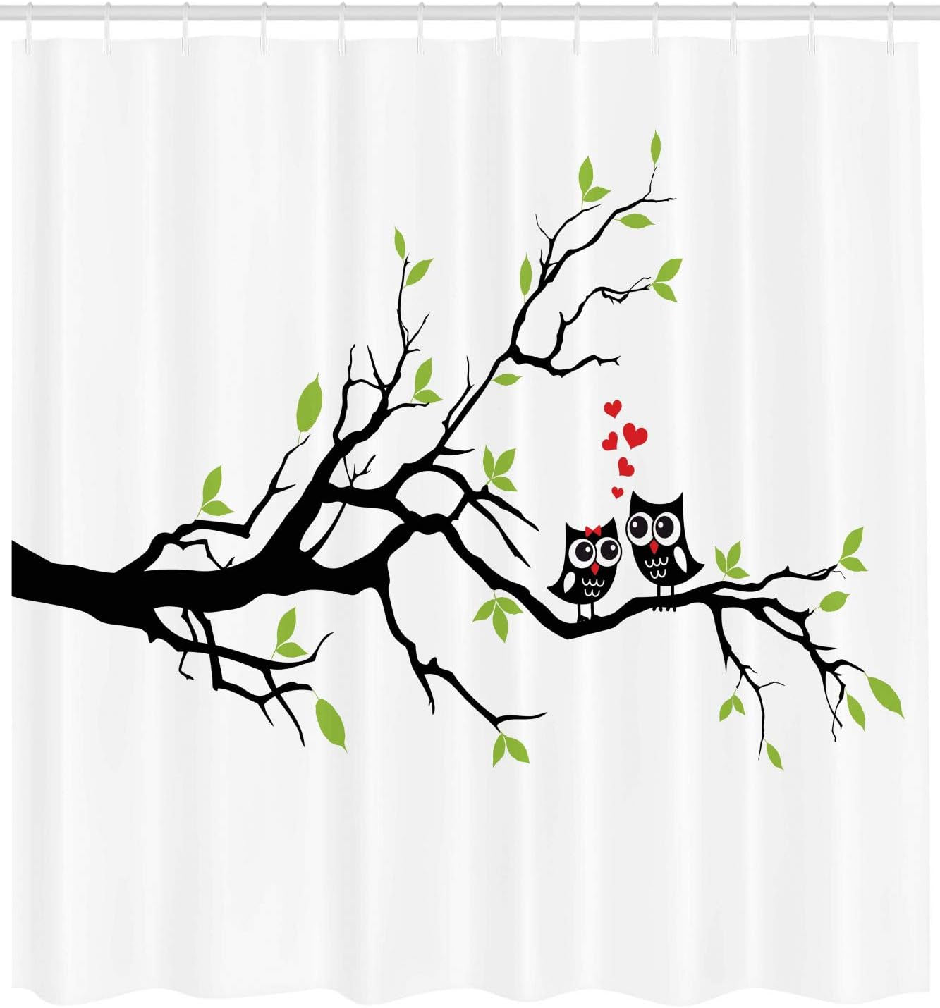 Owls Shower Curtain, Owls in Love Sitting on a Branch Leaf Leaves Hearts Romance Themed Artwork, Cloth Fabric Bathroom Decor Set with Hooks, 69" W X 70" L, Green Apple
